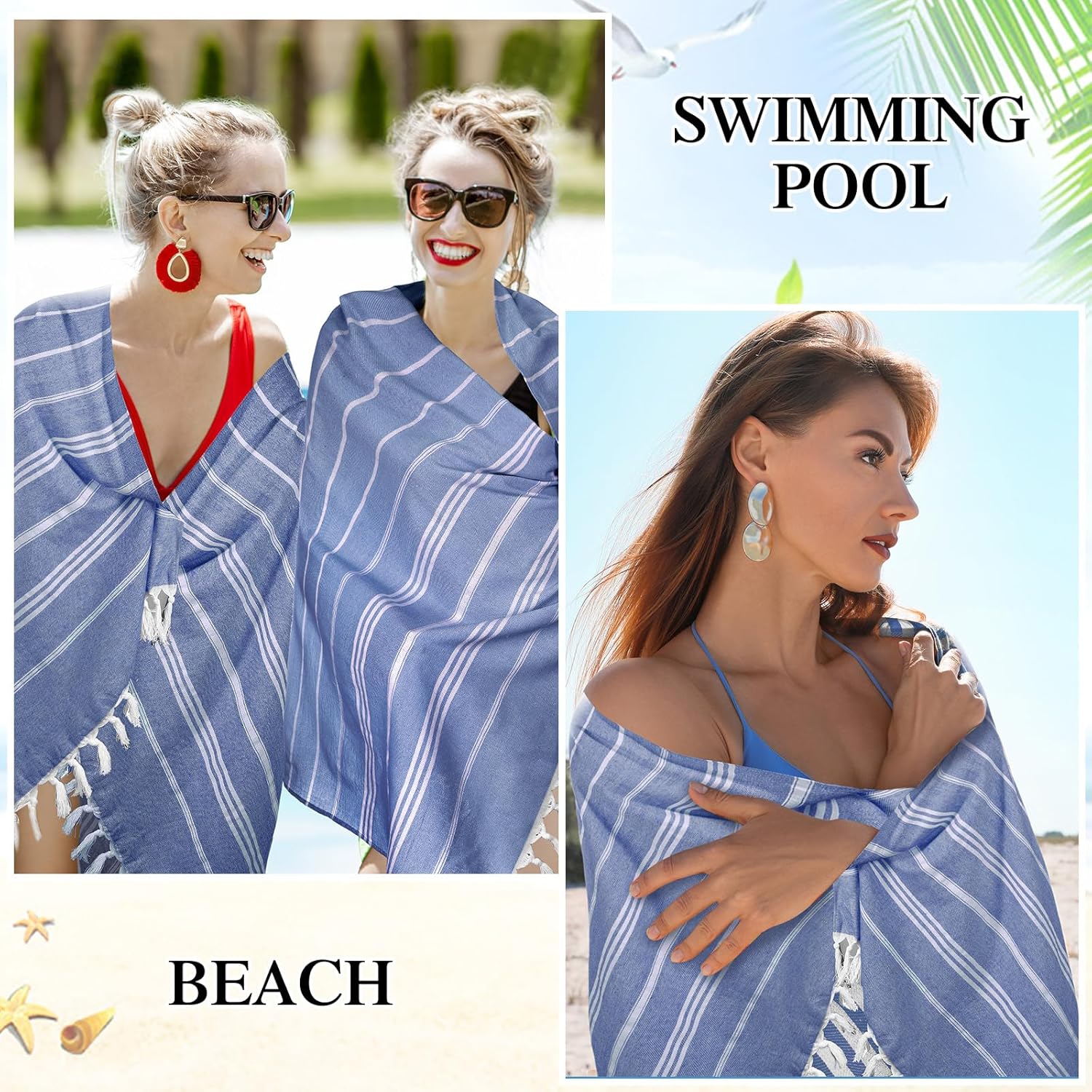 Moukeren 6 Pcs Turkish Beach Towels 35 x 71 Inch Turkish Cotton Travel Towels Large Quick Dry Sand Beach Supplies for Bath, Pool(Royal Blue)