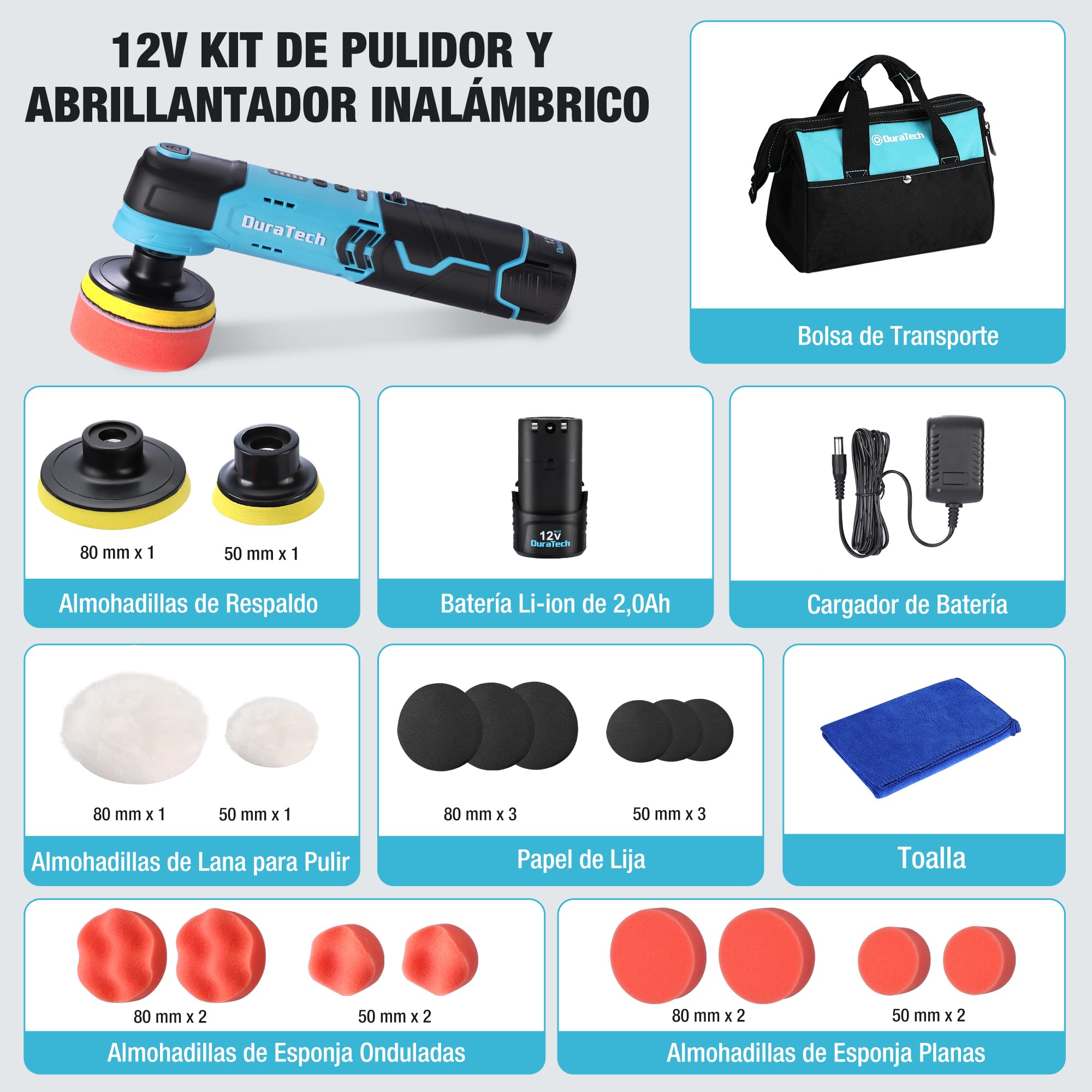 DURATECH Pulidora Inalámbrica 12 V, Pulidora a Batería, Mini Pulidora 3000 RPM, Pulidora Orbital con Platos de 50 mm y 80 mm, Accesorios y Bolsa de Almacenamiento para Coche, Muebles y Metal
