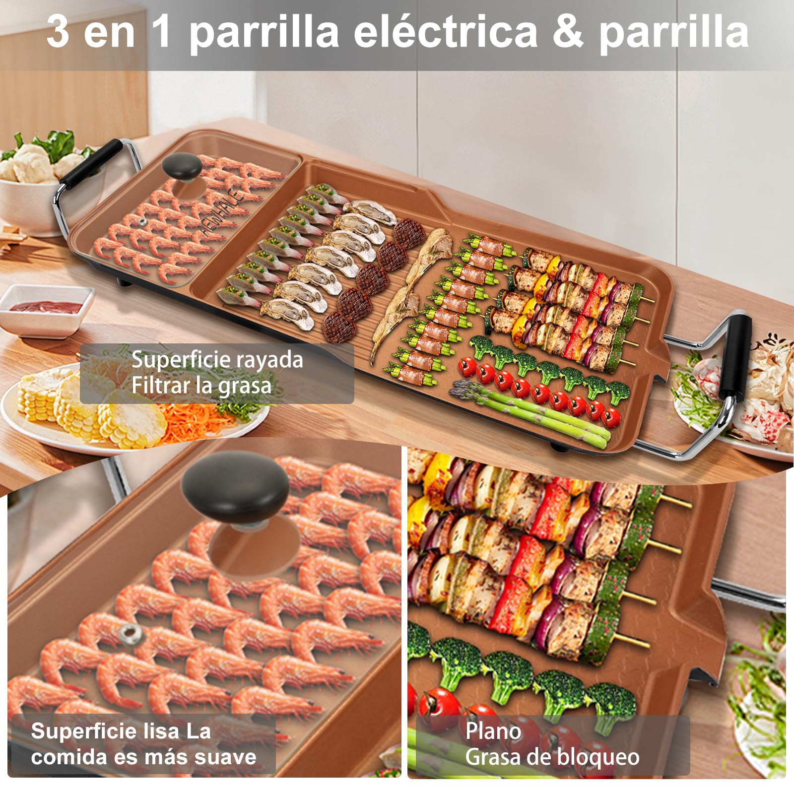AEWHALE Plancha Électrique 3 en 1, 2000 W, Barbecue Electrique Doré | Convient à une Utilisation en Intérieur et en Extérieur, pour 6 Personnes, Facile à Nettoyer