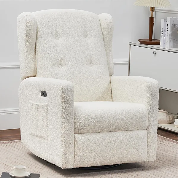 Ketaiyou Power Swivel Rocking Recliner Chair, Electric Rocker Nursery Glider Chair, USB and Type-C Ports, Upholstered Teddy Fabric Reclining Single Sofa Chair for Living Room (Teddy Beige)