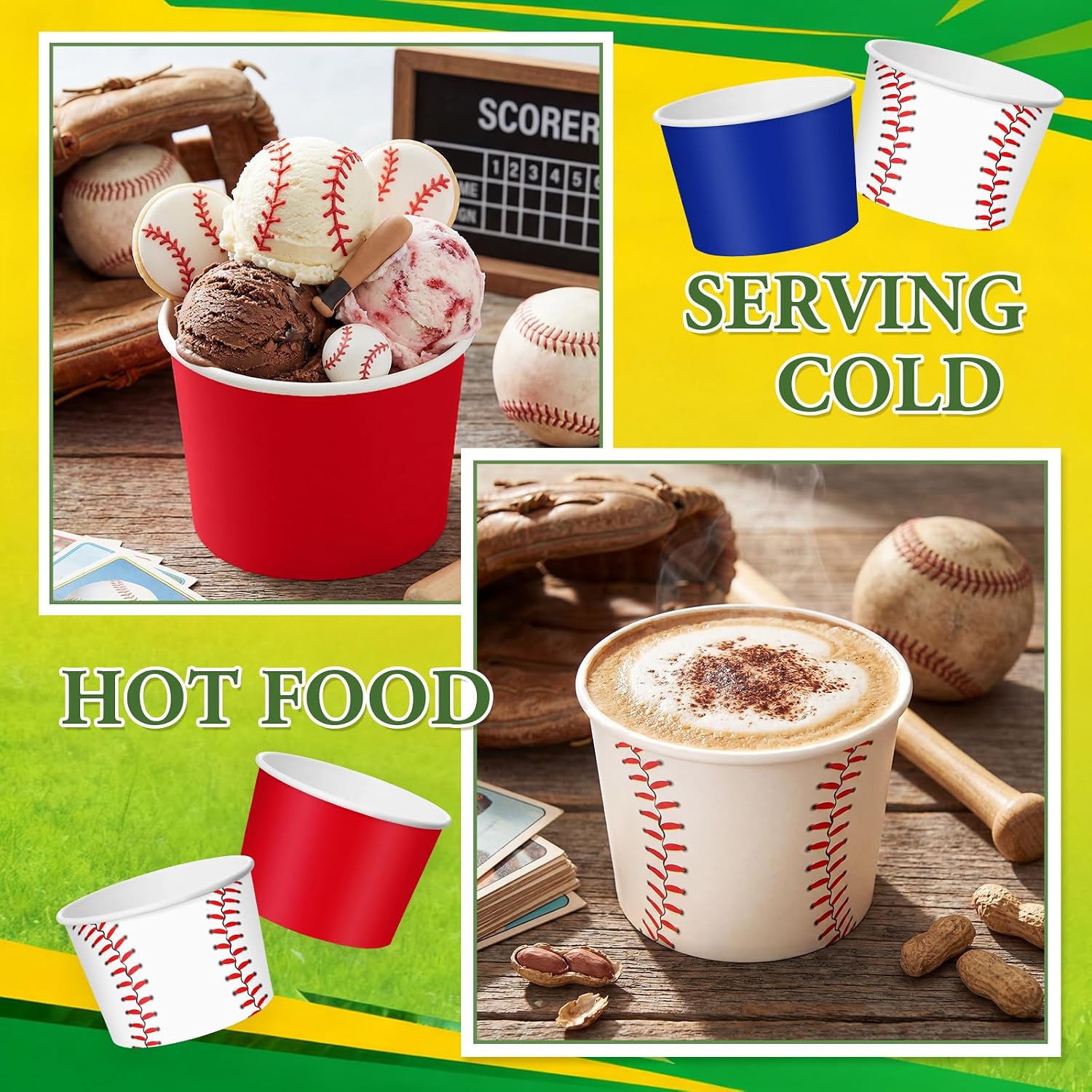 CHENGU 60 Pcs Baseball Snack Cups 9 oz Baseball Disposable Ice Cream Bowls Decorative Dessert Treat Bowls for Yogurt Soup Hot or Cold Food image 3