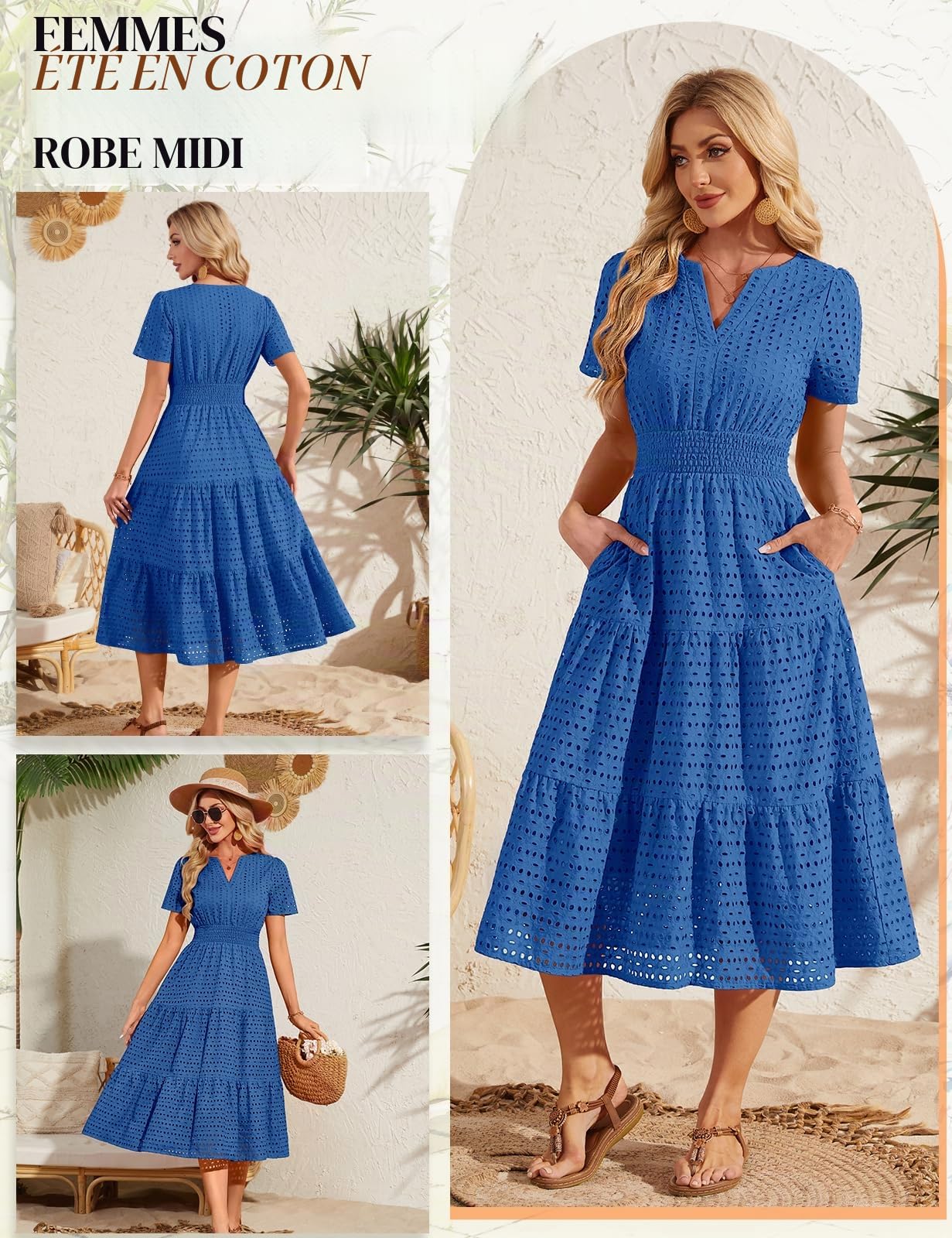 Robe d'été pour Femme Chic Et Elegant Longue Robes Manches Courtes Col en V Coton Robe Plage Décontracté Boheme avec Poches