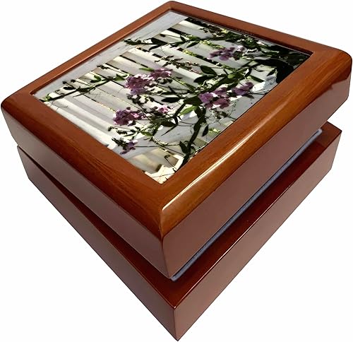 3dRose Sweet Pea Flowers and a white fence, Jewelry Box jb-162108-1