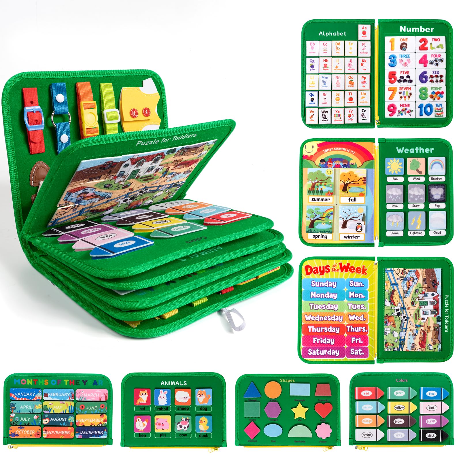 Maluch Busy Board Montessori zabawki dla dzieci, 12-stronowa, cicha, zajęta książka, aktywność edukacyjna, sensoryczna, zabawka edukacyjna, umiejętności motoryczne, zabawki podróżne do samochodu