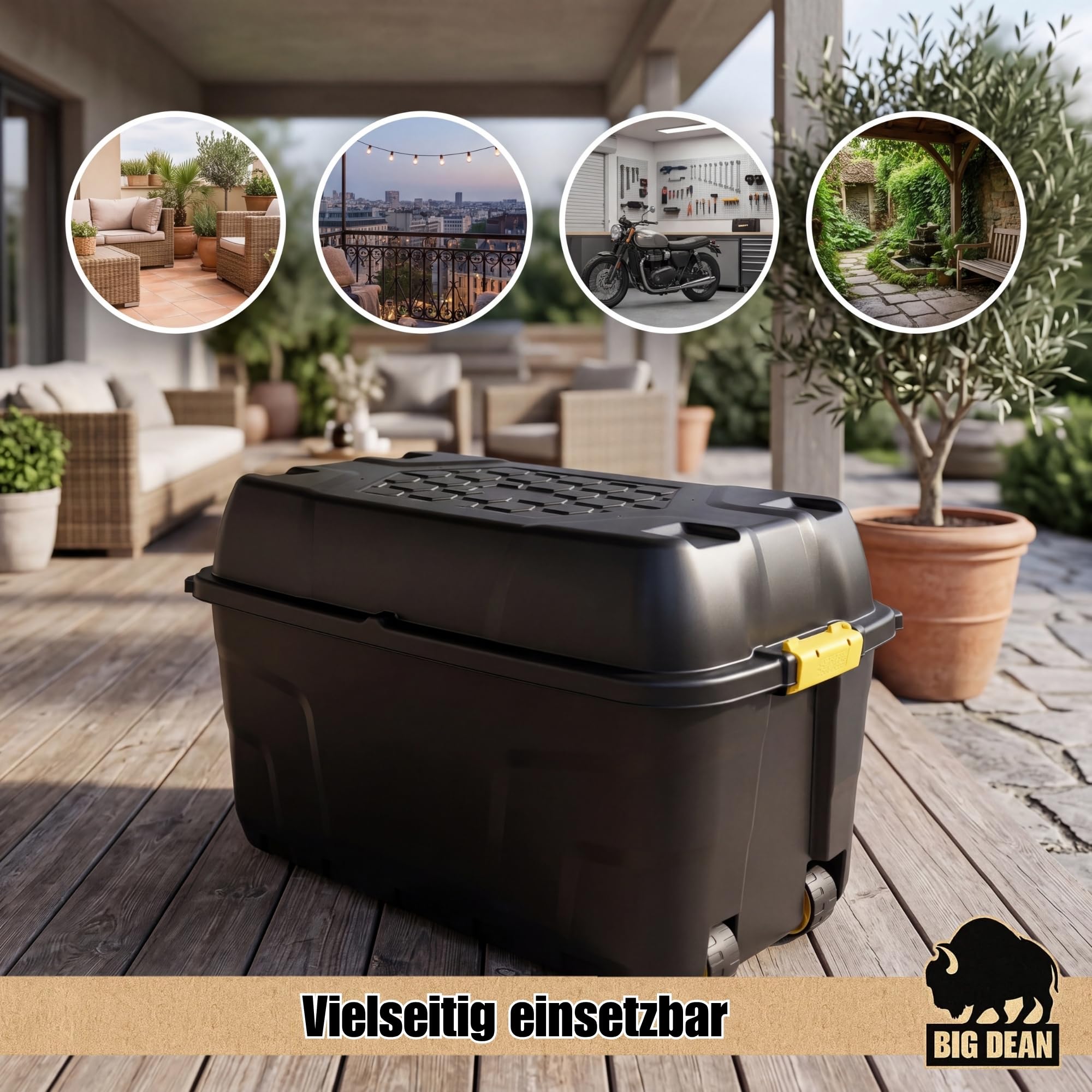 BigDean XXL Transportbox Kissenbox mit Nutzvolumen ca. 175 Liter 93x55x53cm | Aus Kunststoff in Schwarz mit Rollen und Deckel. Abschließbar. Maße BxTxH ca. 93 x 55 x 53 cm