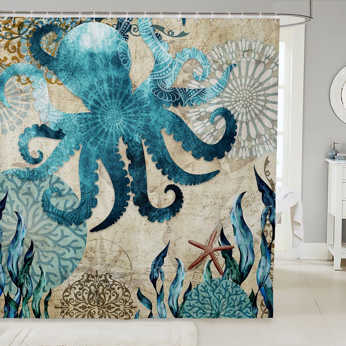 Octopus Shower Curtains for Bathroom, Ocean Nautical Pirate Shower Curtain with 12 Hooks, Octopus Tentacles Sailboat Wave Compass Map Starfish Coastal