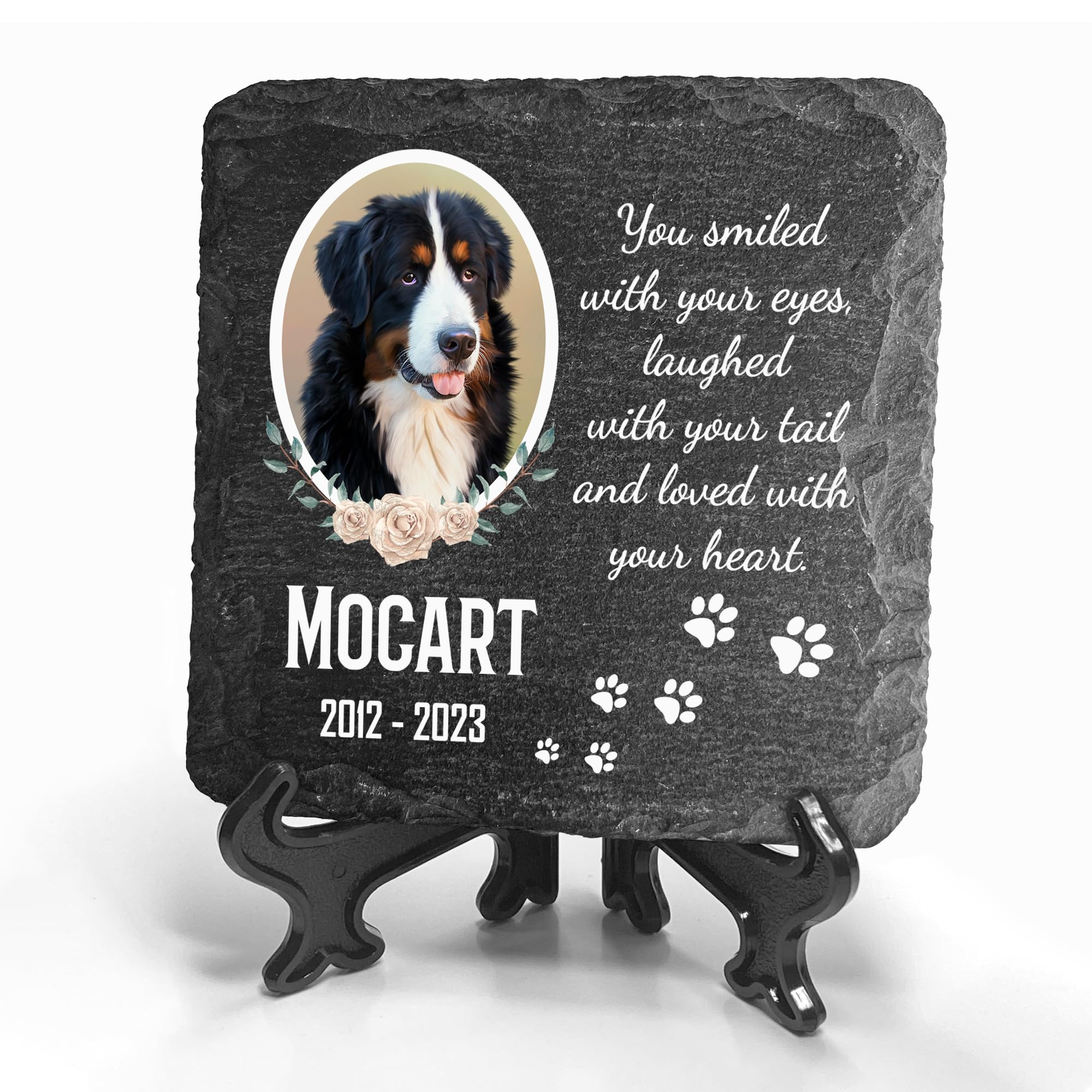 TULLUN Personalised Individual Dark Gray Memorial Small Plaque With Stand For Pet Cat Dog Slate Stone Frame Paw Grave Marker - Size | 3.98" x 3.98" or 100 x 100 mm | - Floral Frame Photo