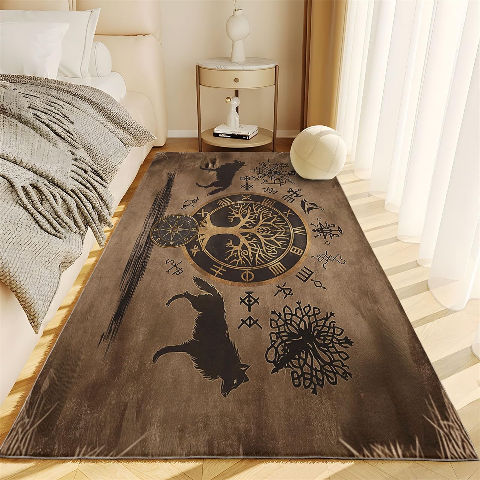 Teppich Wohnzimmer 120x170 cm Waschbarer Teppiche, Alter Wikinger Baum und Wolf Teppich Schlafzimmer - Vintage Kurzflor Teppiche für Wohnzimmer Schlafzimmer Kinderzimmer