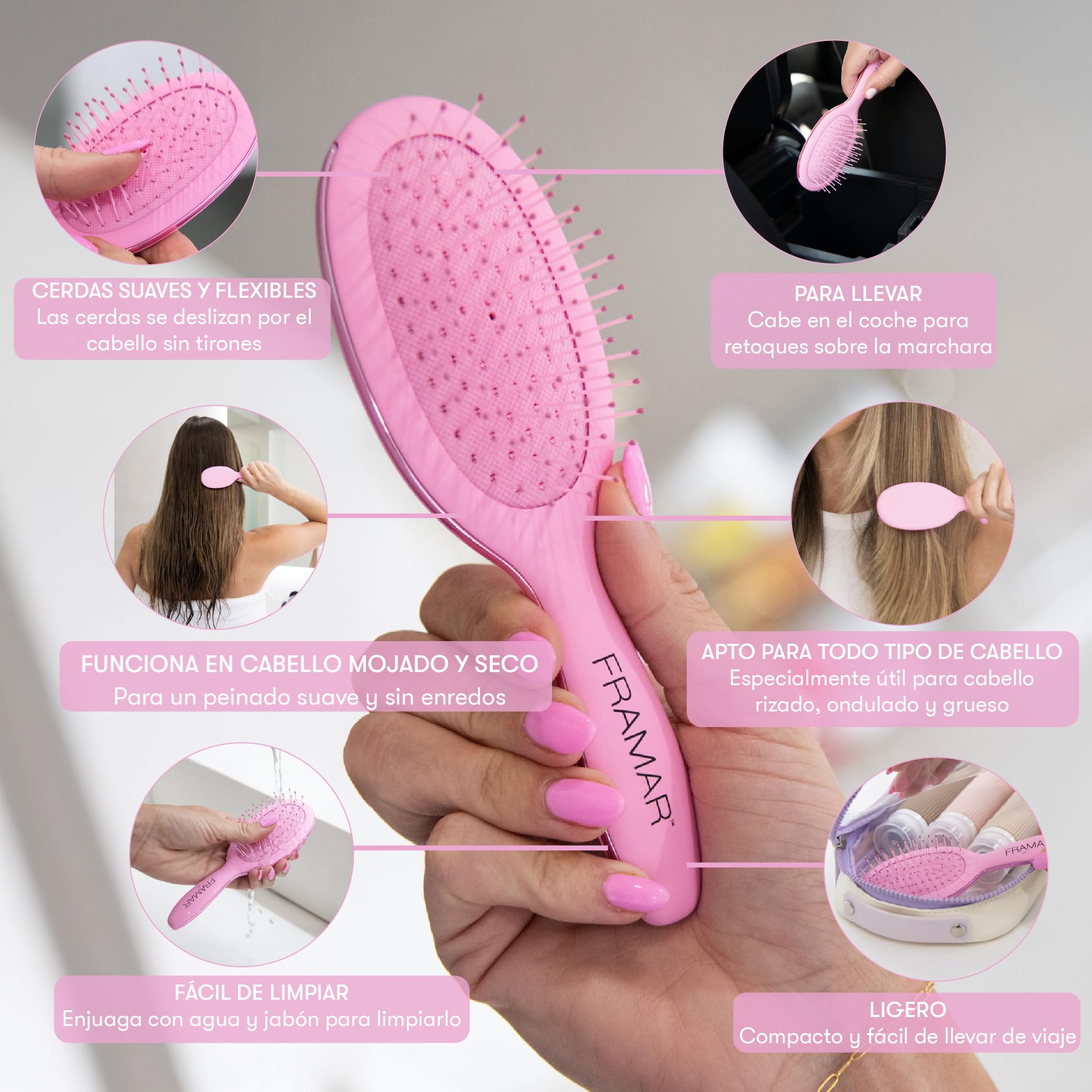 FRAMAR Cepillo Viaje Pelo - Cepillo Pelo Pequeño, Cepillo Pequeño Pelo, Mini Cepillo de Pelo, Escova Cabelo, Compacto Para Viajar, Para Todo Tipo de Cabello - Rosa