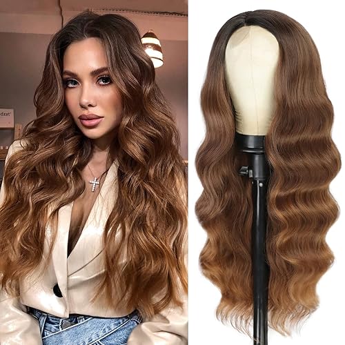 Peluca larga ondulada de color marrón degradado con parte lateral para mujer peluca marrón oscuro con raíz oscura pelucas onduladas de aspecto