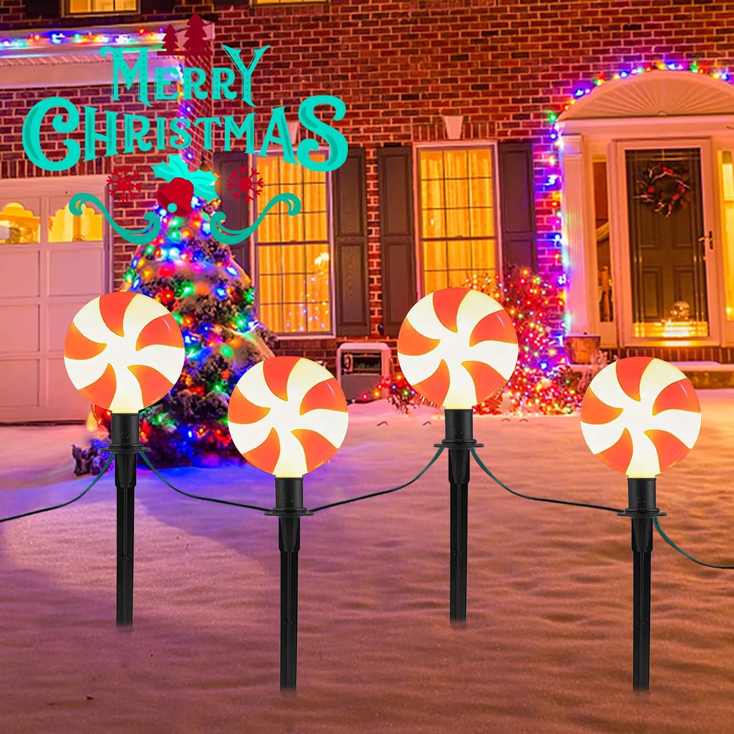 Christmas LED Candy Pathway Stakes Lights, 7Ft Connectable Outdoor Pathway String Lights with 4