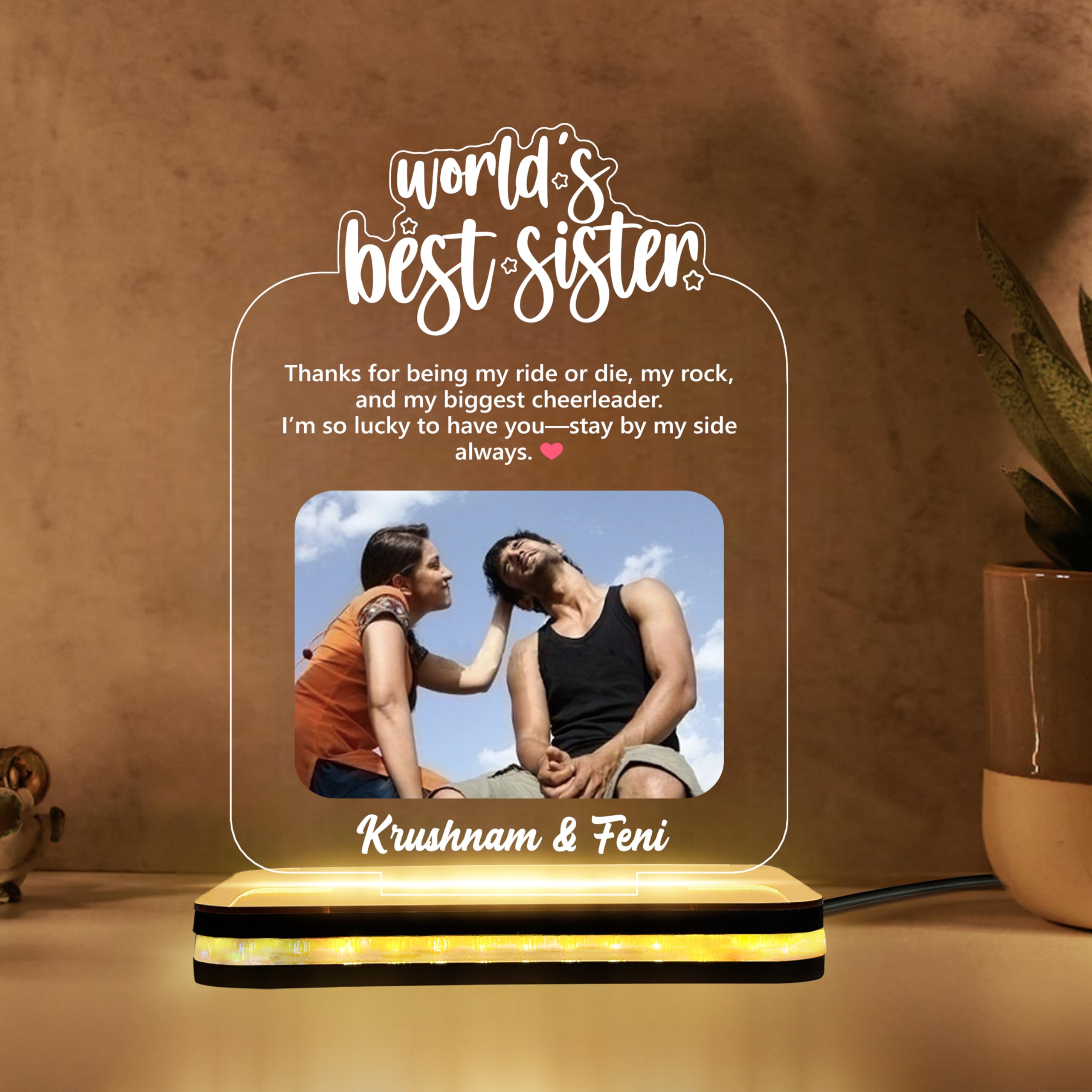 DECOCRU Custom Acrylic LED Lamp for Sister | World's Best Sister Lamp | Personalized Photo with Name | Gift for Birthday, Rakhi | Bhai Behen Gifts | Room Decor (6x8 Inches)-image-45