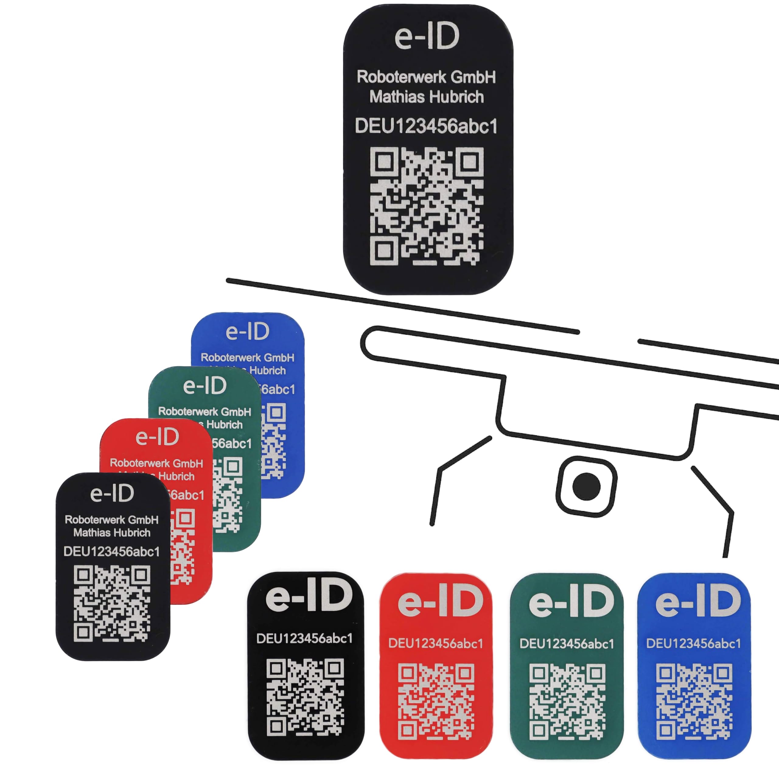 Roboterwerk drone registration plate – e-ID + accompanying QR Code and 2 lines of text 31x19 mm, black anodised aluminium, laser engraving