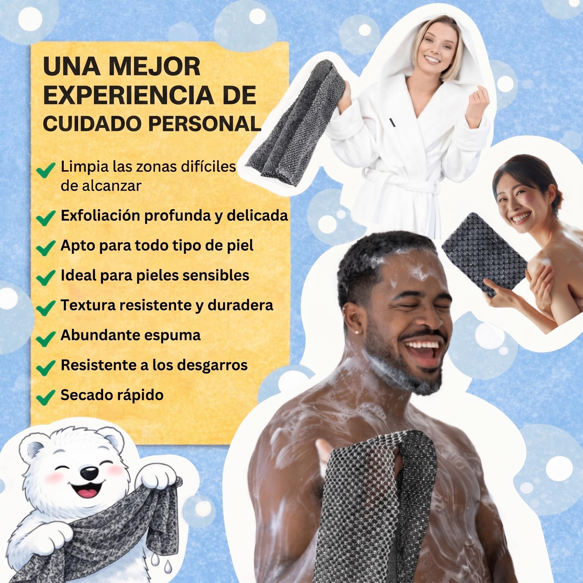 isamundo toalla exfoliante, antibacteriana para ducha con fibras de carbón de bambú y plata natural, toalla exfoliante japonesa suave de secado rápido para espalda cuerpo