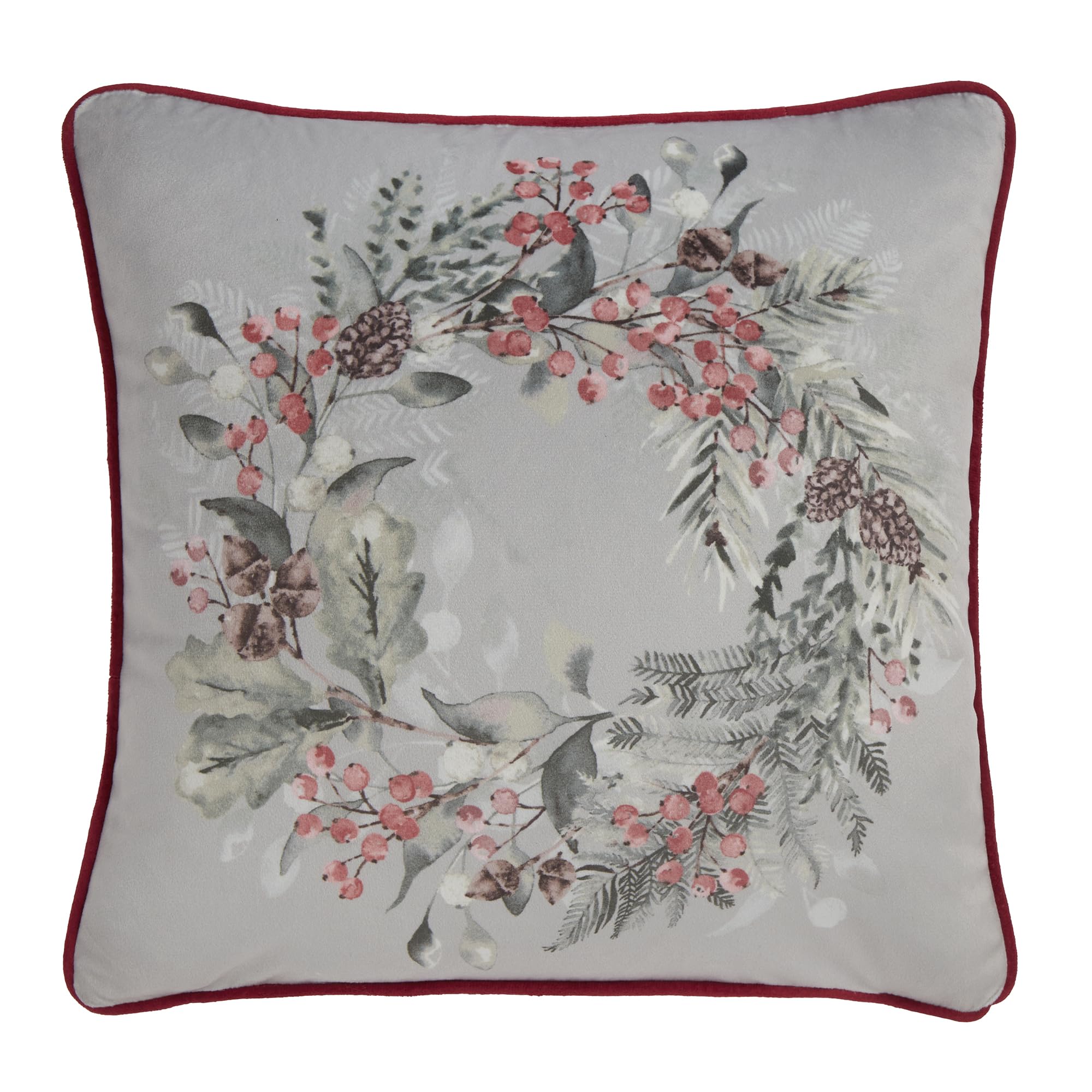 Dreams & Drapes - Christmas Wreath Cushion (43 x 43cm) - Filling Included - Red Piped Trim - Green Christmas Holly Berries with Cover Included/Cushion Insert - Matching Duvet Cover Available