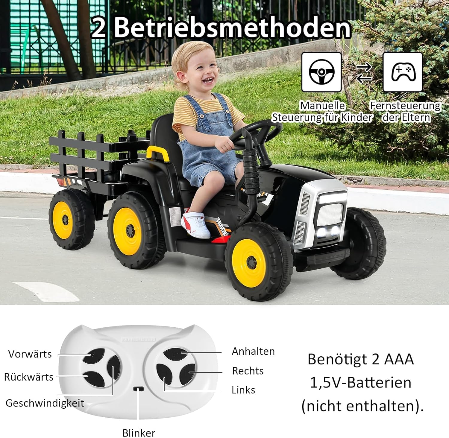 FANTASK Trattore con rimorchio rimovibile e telecomando da 2,4 G, trattore per bambini regolabile in velocità 12 V con luce LED, musica, clacson e funzioni USB, adatto per bambini dai 3 anni in su