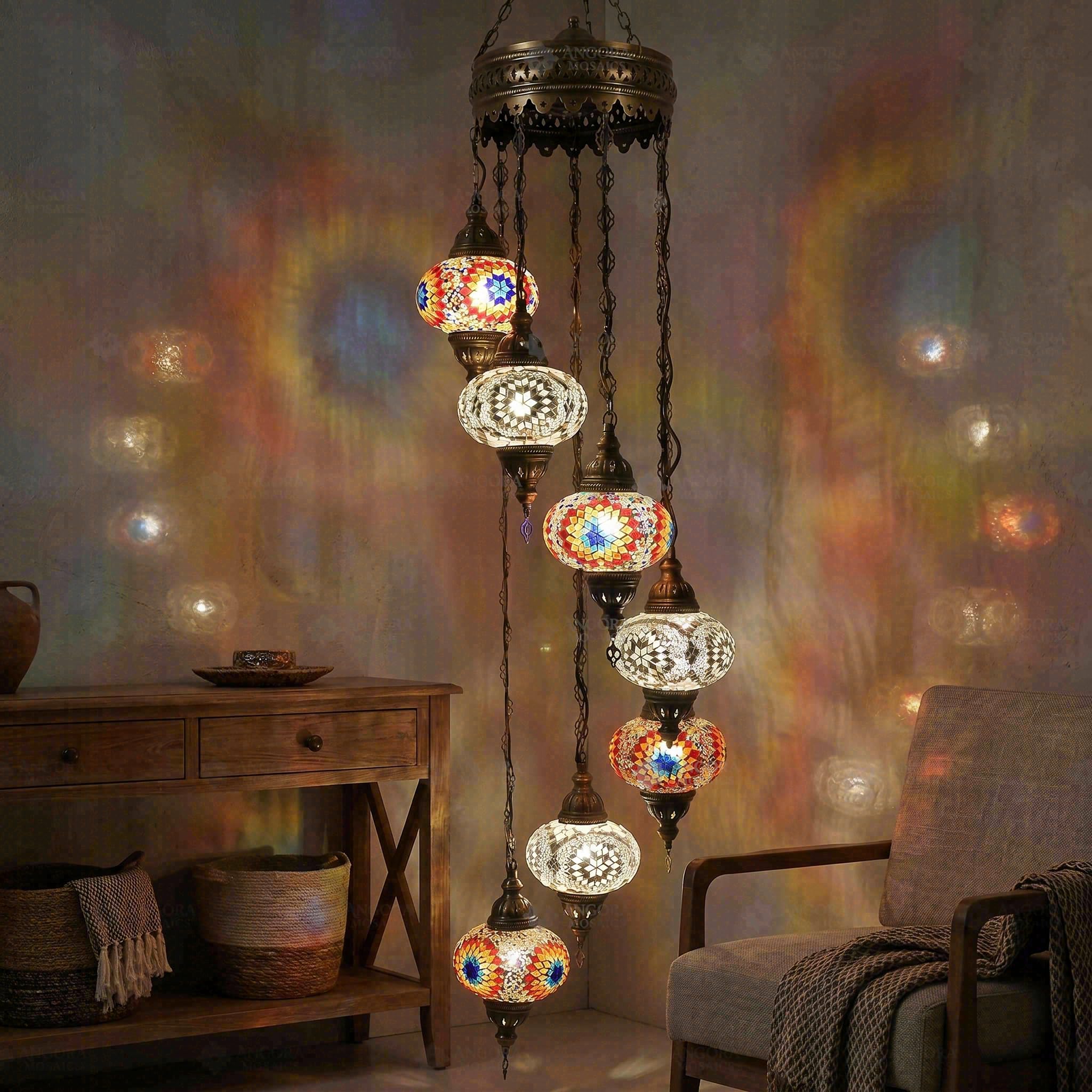 Lampe à suspendre multicolore en mosaïque turque, lustre 7 globes - 7