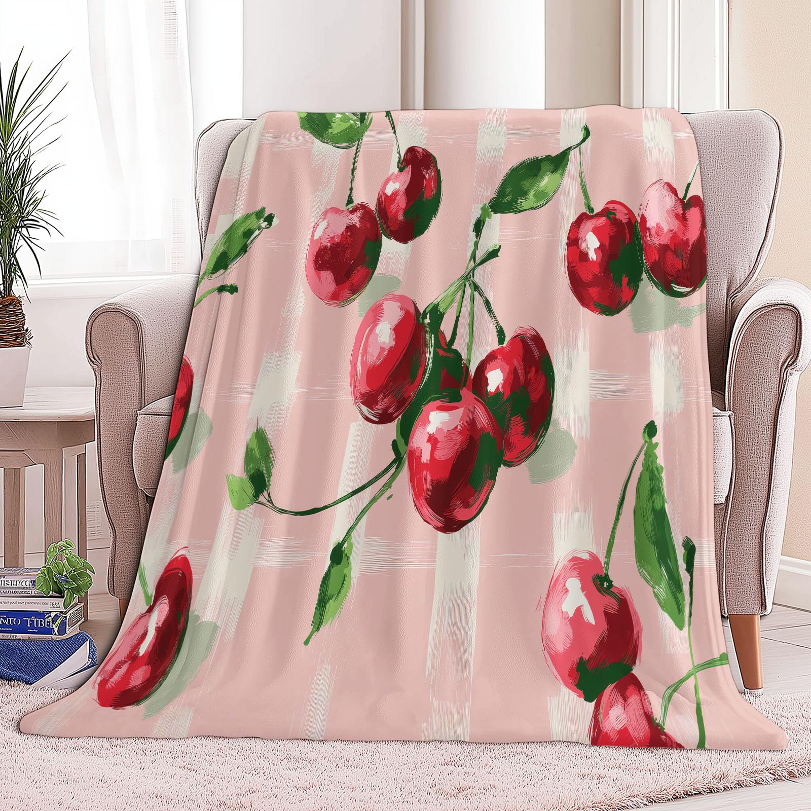 Przytulny koc flanelowy, puszysty, 150 x 200 cm, wiśniowa karo, jako narzuta na sofę i łóżko, miękki koc polarowy z mikrofibry, jako narzuta na kanapę, różowy