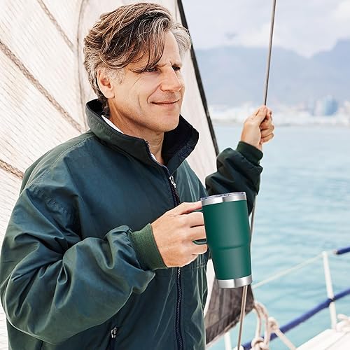 Miniatura 5 de Vaso de acero inoxidable de 20 onzas con asa con aislamiento de metal, taza de viaje para café con asa, vaso de doble pared con tapa y pajita, color