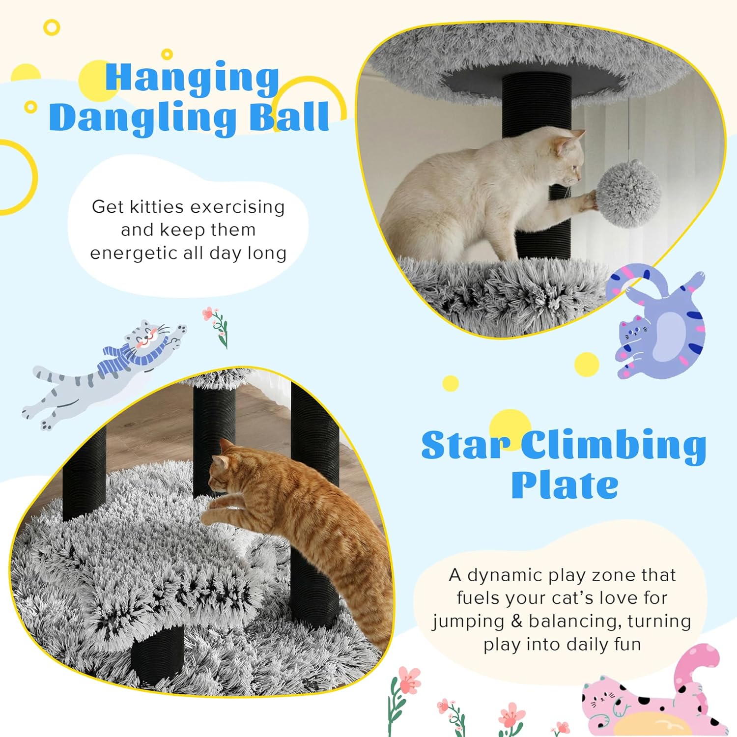 SHA CERLIN 61.5in Cat Tree Tower, Multi-Level Activity Center with Cozy Perch, Star-Shaped Platform, Moon Jumping Board, Sisal Scratching Posts, Hanging Toy Balls for Indoor Feline, Black and White