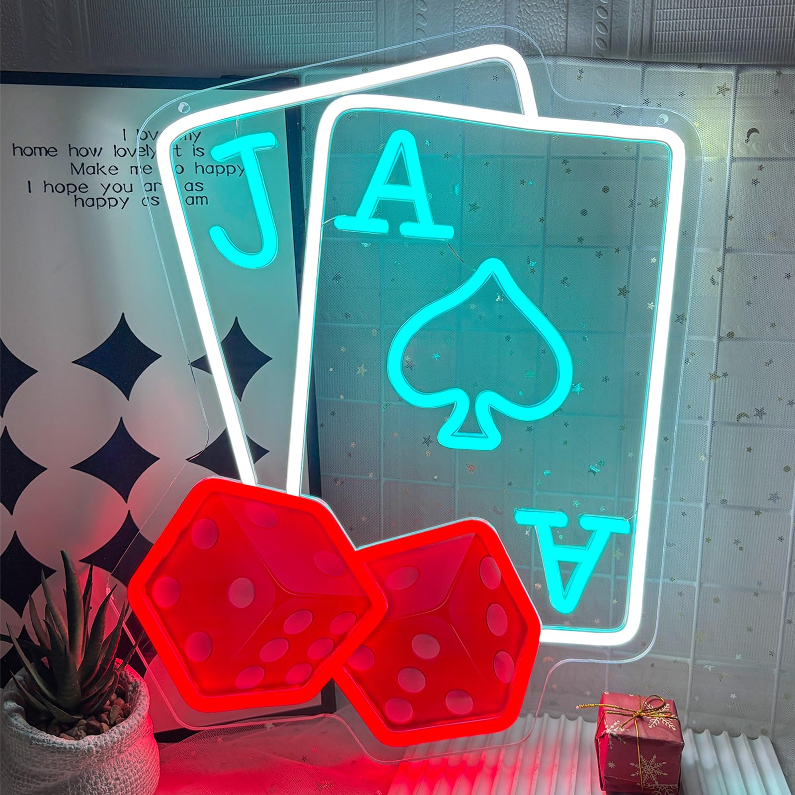 Blackjack Neon Sign, Dimmable LED Neon Light with Ace & Jack Cards and Red Dice, USB Powered Neon Lamp for Game Room, Bar, Casino, Party, Man Cave Wall Decor, Gift
