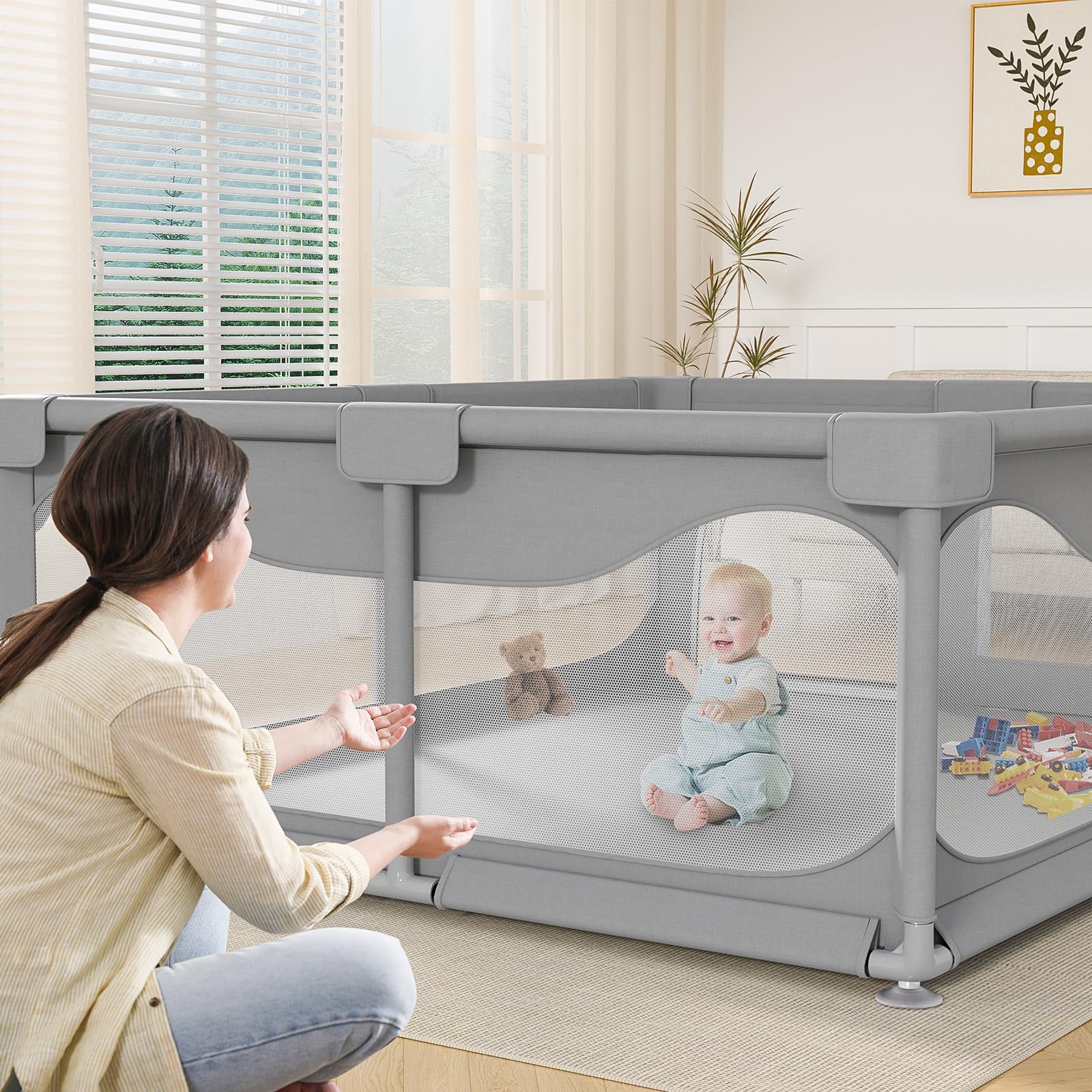 Box Bambini 200 x 180 x 68 cm, Recinto per Bambini Grande con Base a Ventosa, Tessuto Oxford 300D, Facile da Montare e da Pulire, Box Neonato - Senza Tappeto & Palline, Grigio