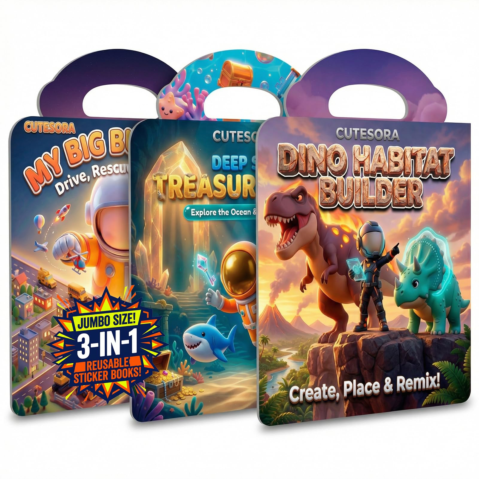 3 Sets Large Sticker Books for Toddlers 2-4 Years, Reusable Jelly Sticker Activity Books Kids 1-3, Dinosaur City Vehicles & Ocean, Waterproof Window