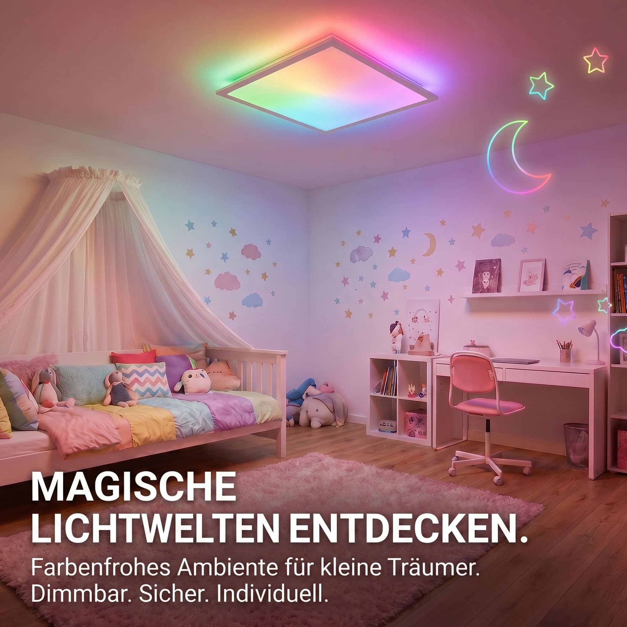 Maxkomfort LED RGB Deckenleuchte - Dimmbar, 3 Lichtfarben, RGB-Farbwechsel & Indirekte Beleuchtung - Modernes Panel für Wohnzimmer, Schlafzimmer, Büro - 45x45 cm - Weiß