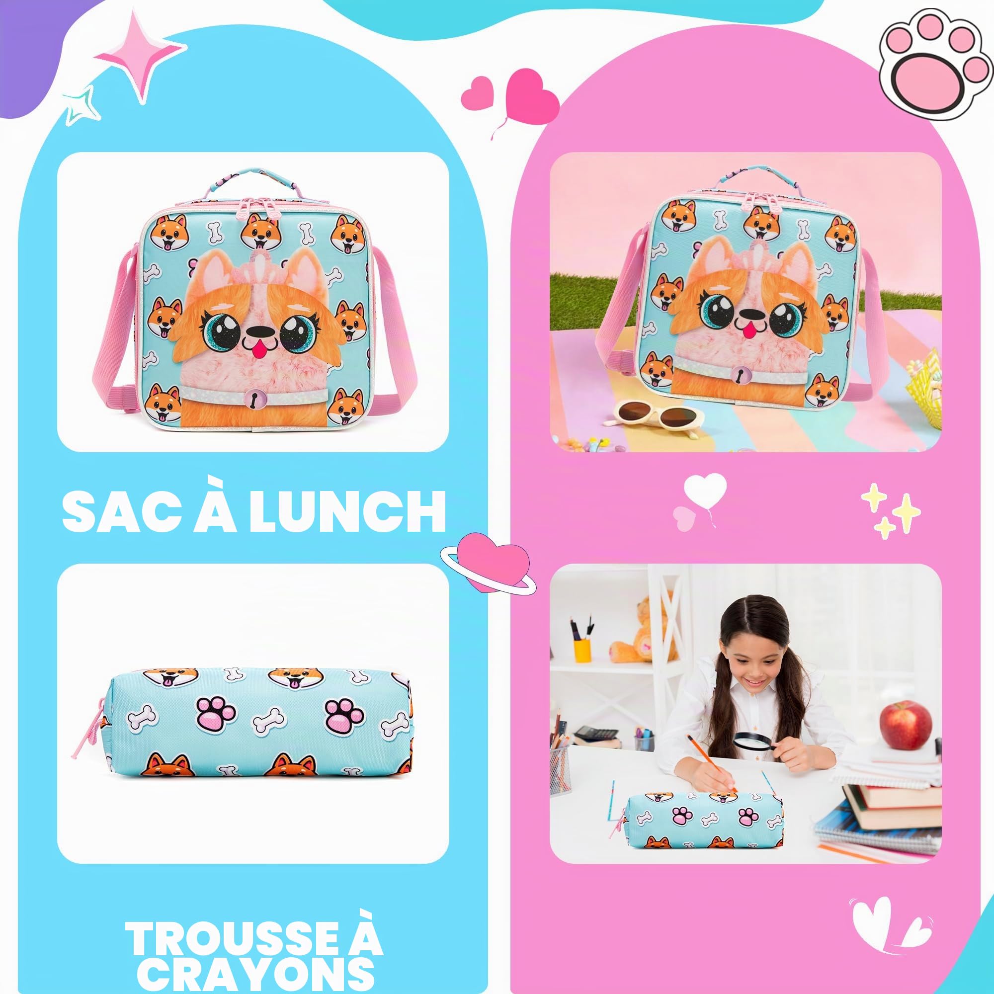 HTgroce Cartable a Roulette Fille Primaire Sac à Roulette Fille Maternelle Un Sac à Lunch et Un étui à Crayons 7 Ans