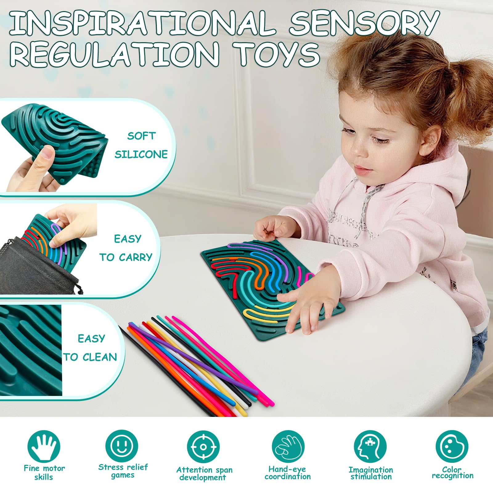Jiaoshou Pan Tablero Sensorial De Silicona Doble Cara Con 20 Cuerdas Y Bolsa – Juguete Fidget Para Aliviar Estrés, Ansiedad, TDAH Y Autismo (Verde Oscuro)