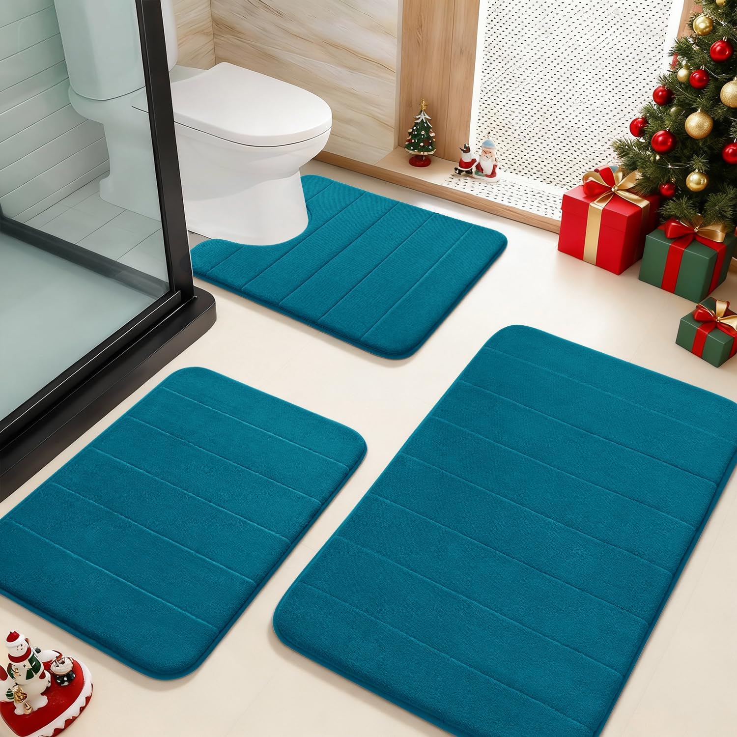 Yimobra Memory Foam Bath Mat Set 3 Pieces- Super Soft Absorbent Quick Dry Bathroom Rug Sets, Machine Washable Non Slip Floor Carpet for Tub Shower, Vanity & Toilet Base, Peacock Blue Peacock Blue 31.5''x20'' +17''x24'' + 24''x20''
