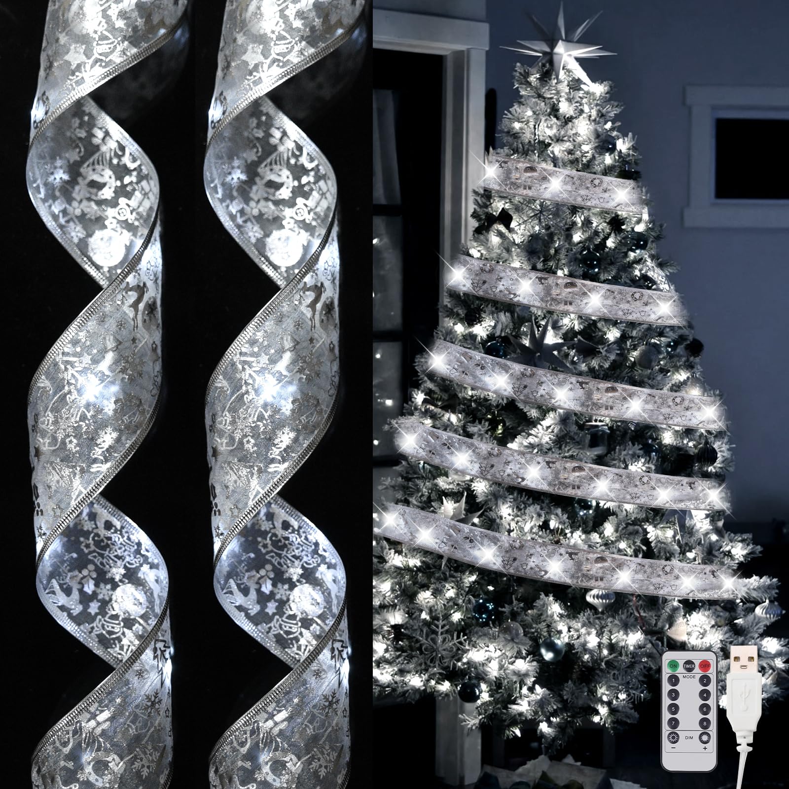 Dailyart Christmas Tree Ribbon Lights 2 Pack Total 100LED Fairy Lights Battery Operated & USB Powered Indoor String Lights with Timer & 8 Modes 46FT