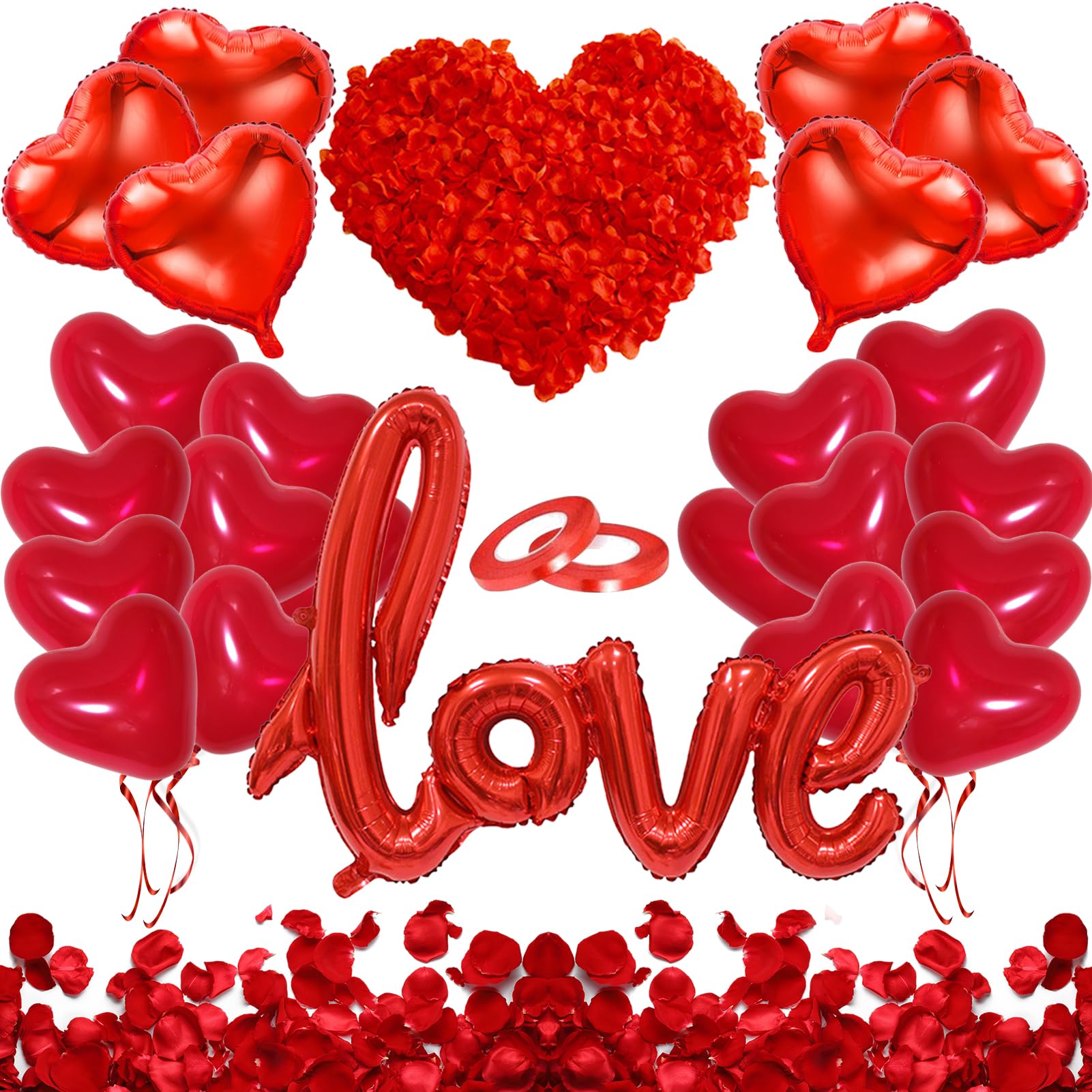 Kit de Decoración San Valentín, Decoración Romantica, 200 Piezas Pétalos de Rosa, Globos LOVE, Globos Corazón Rojo, Foil Globos, para San Valentín, Aniversarios y Compromiso