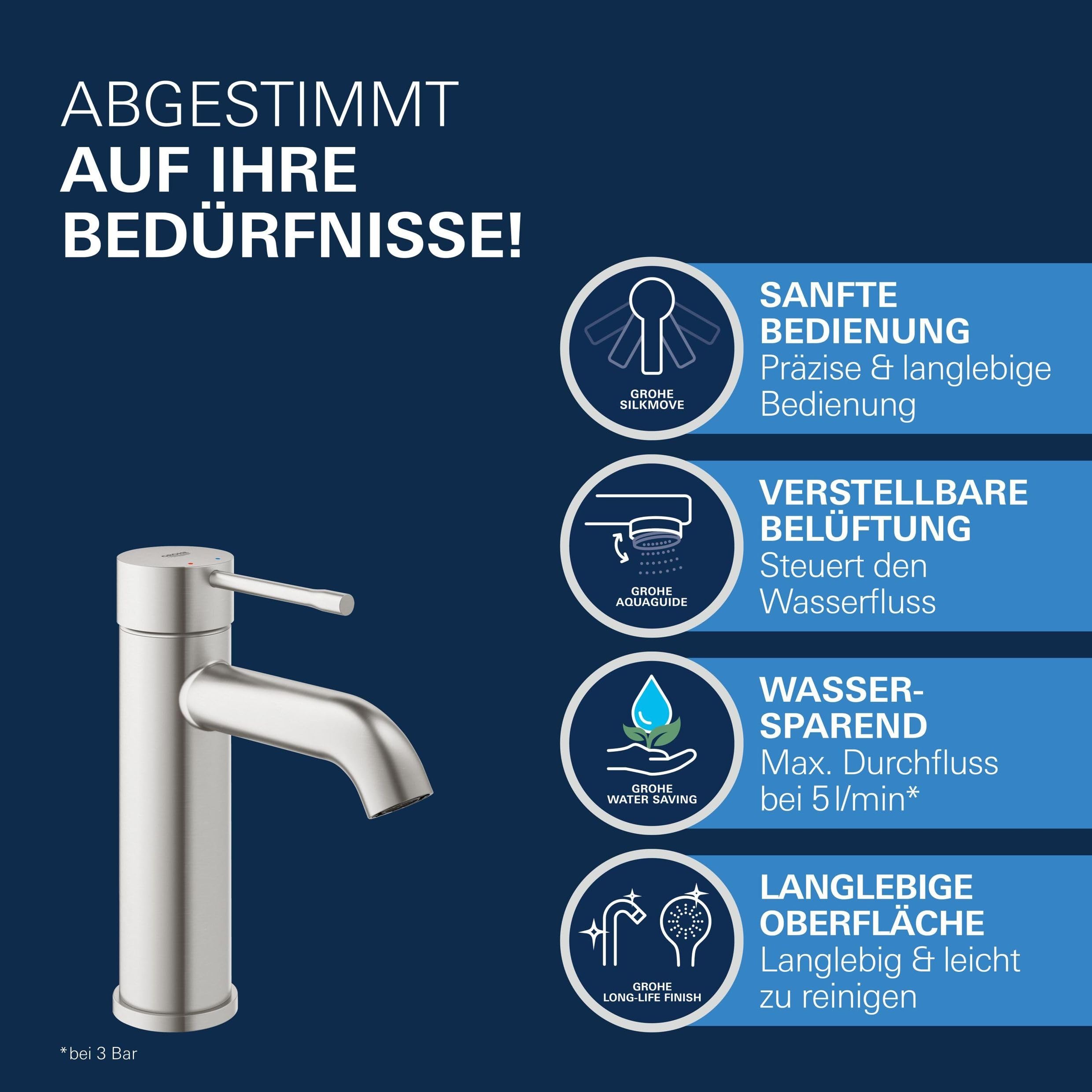 GROHE Essence, Waschtischarmatur, wassersparend (Wasserhahn für das Bad, 17cm hoch, Badarmatur mit langlebiger Oberfläche, einfache Installation am Waschbecken), edelstahl, 23590DC1
