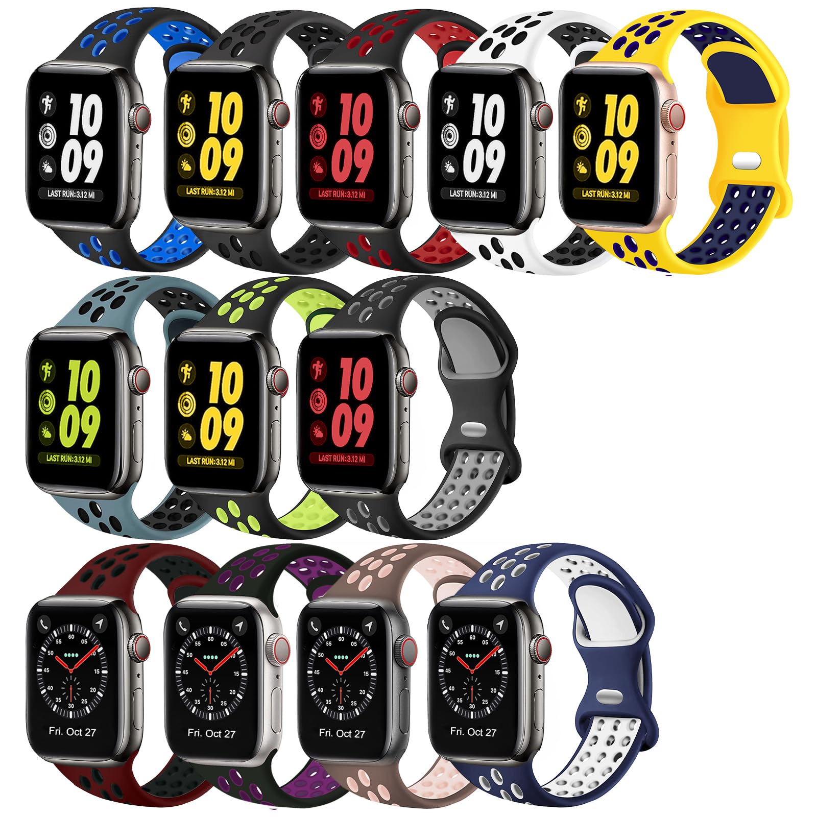 Photo 1 of 12 Pack Compatible with Apple Watch Band 49mm 45mm 46mm 44mm 42mm 41mm 40mm 38mm, Breathable Soft Silicone Sport Replacement Strap Men Women for iWatch Series 10 9 8 7 6 5 4 3 2 1 SE Ultra