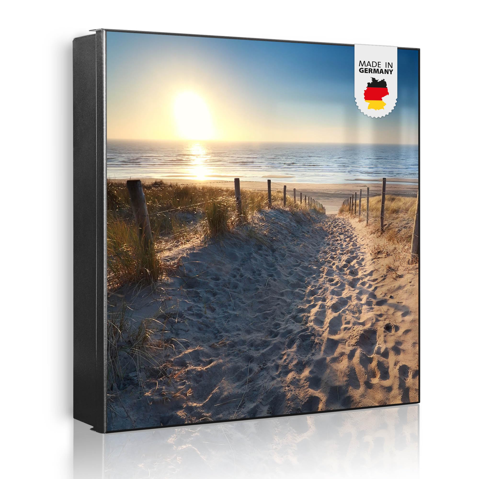 banjado Großer Schlüsselkasten Metall - Schlüsselbox 30x30cm beschreibbarer mit 32 Haken - Schlüsselkasten modern für Schlüsselaufbewahrung - Korpus Schwarz Scharnier Links - Motiv Nordseestrand