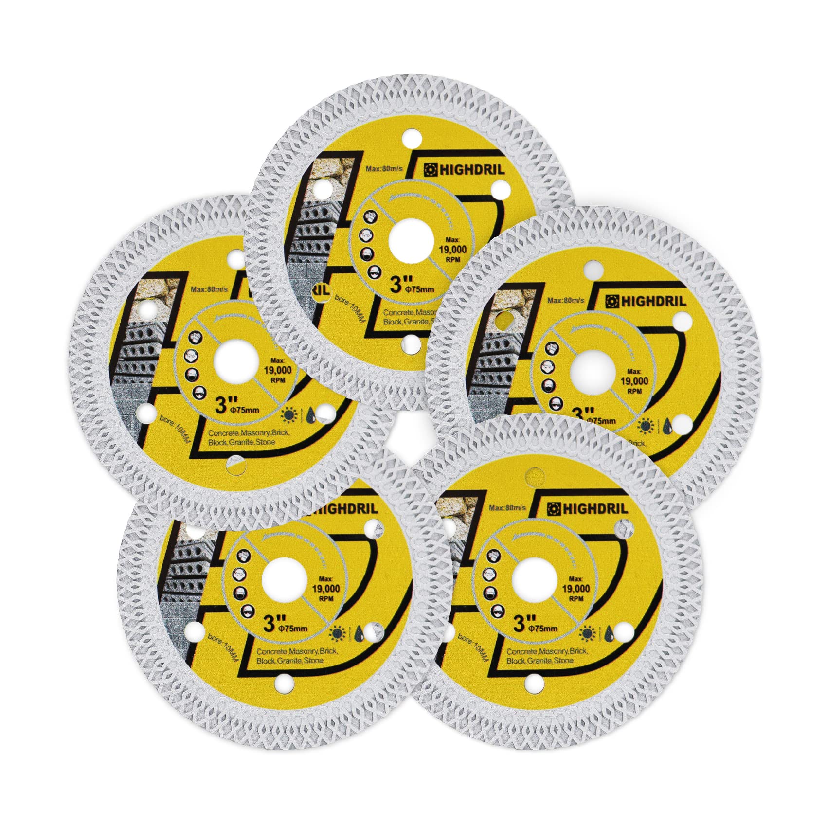 HIGHDRIL 5PCS Diamond Tile Disc - 75 mm x 10 mm X-Mesh Diamond Cutting Disc for Granite, Concrete, Stone, Clinker