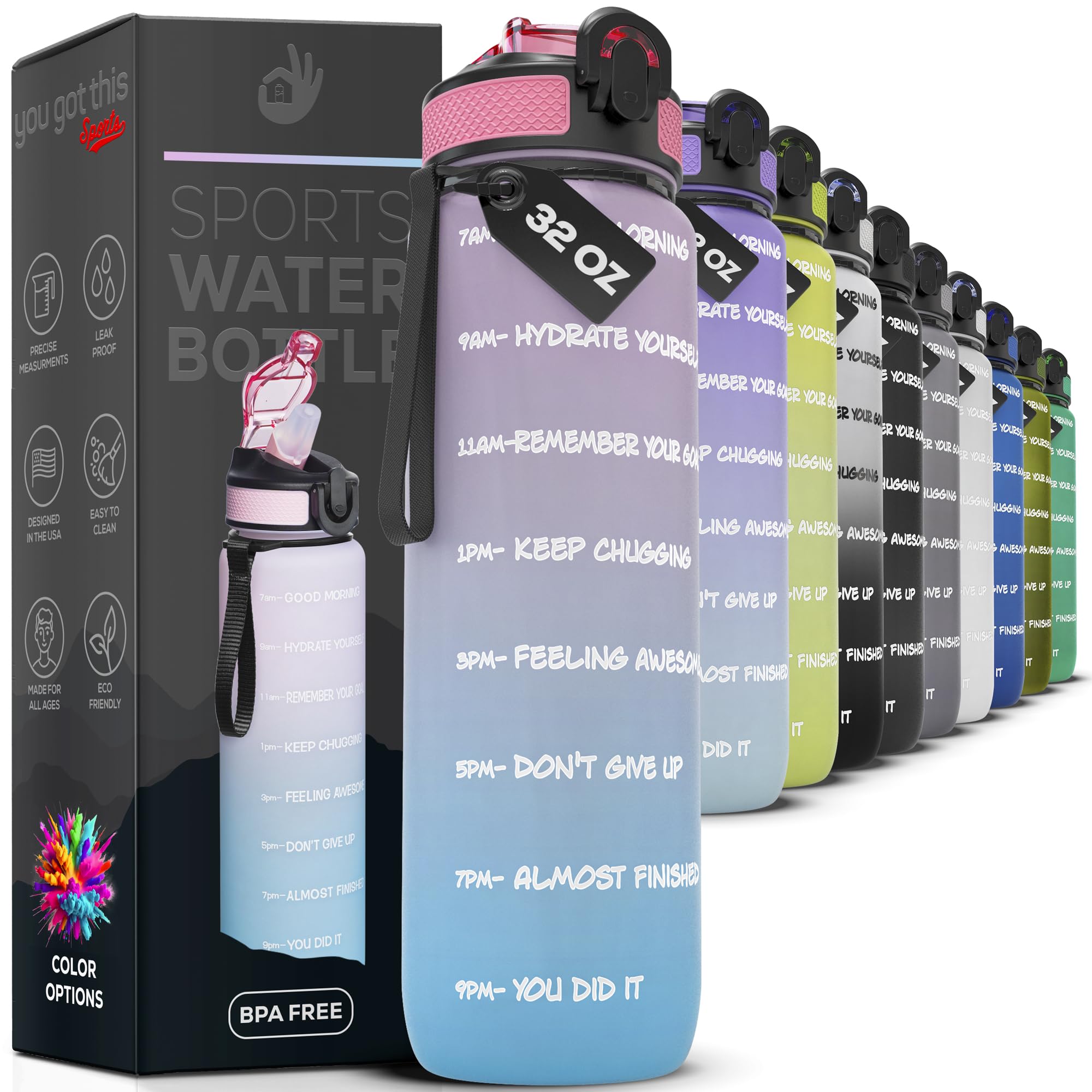 Motivational Water Bottle with Time Marker, 32 oz Water Bottle, Sports Water Bottle with Spout, Achieve All-Day Hydration SpillProof, BPA FREE
