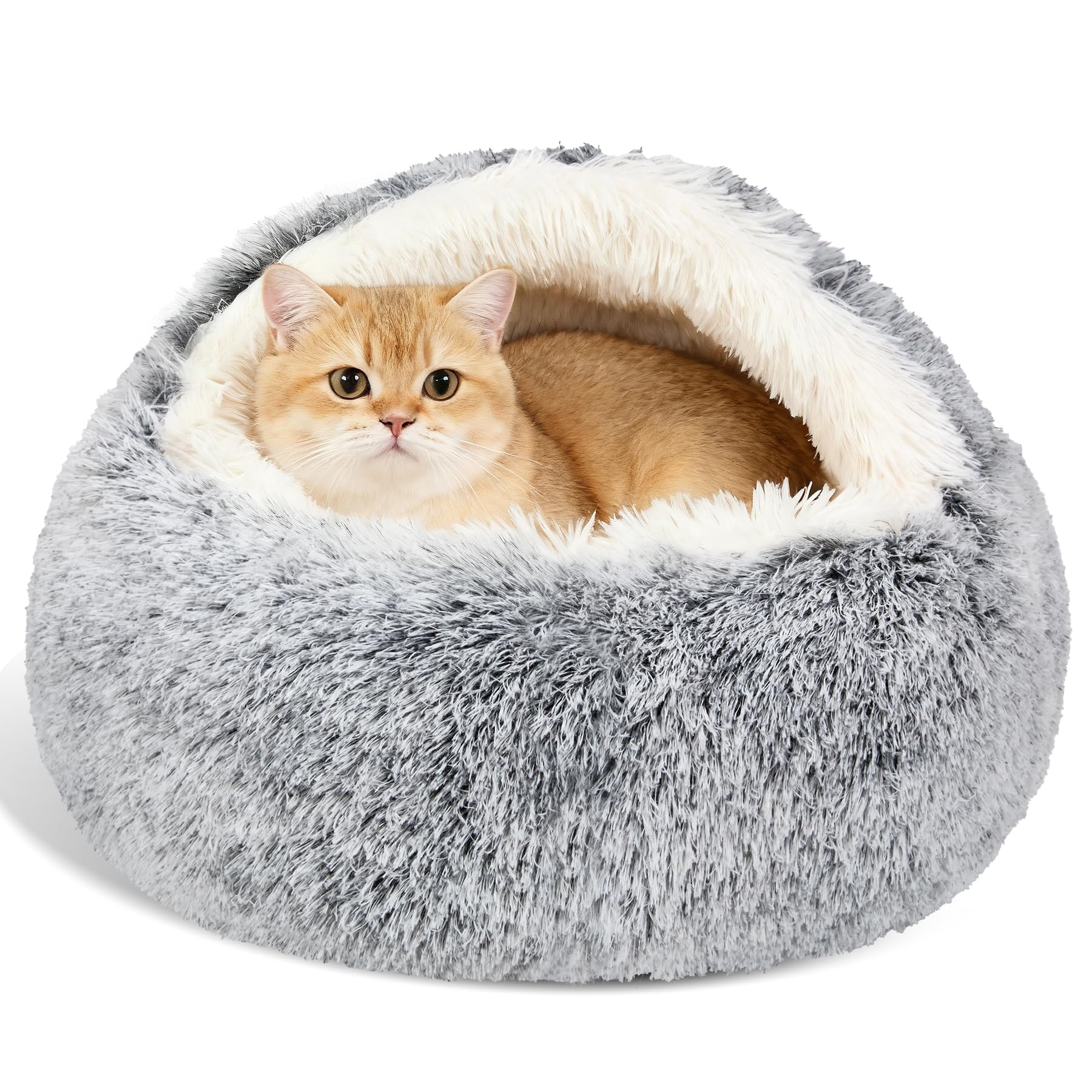MADDEMCUTE Calming Dog Beds & Cat Cave Bed with Hooded Cover,Removable Washable Round Beds for Small Medium Pets,Anti-Slip Faux Fur Fluffy Coved Bed for Improved Sleep,Fits up to 15/25 lbs(Grey,S)