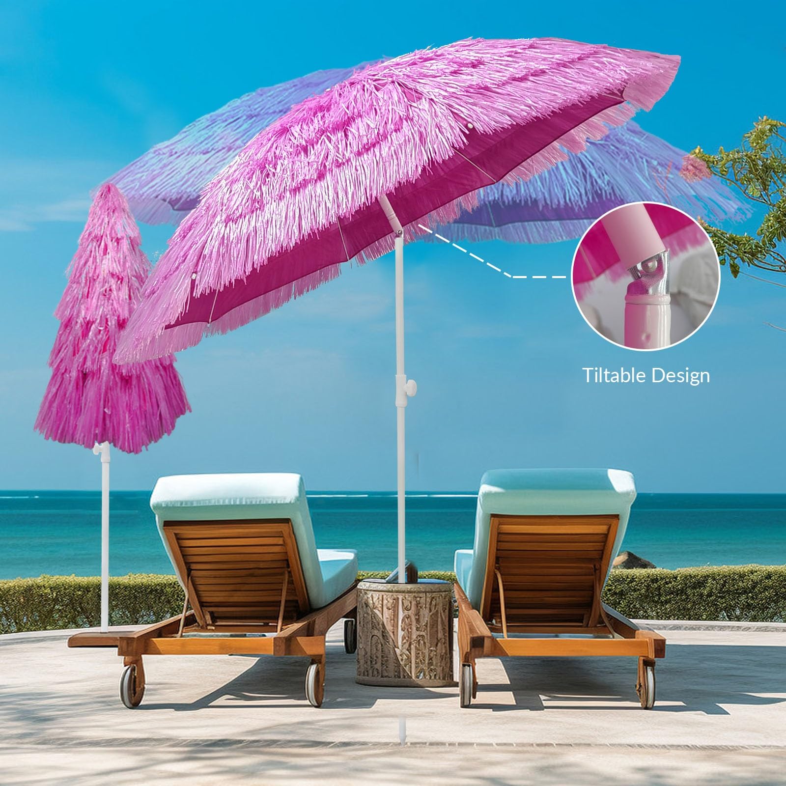 Parasol pour Balcon 200cm -UPF 50+ Parasol Plage Anti Vent avec Fonction D'inclinaison Parasol Exotique Paille pour Le Plaisir en Plein Air, Réglable en Hauteur