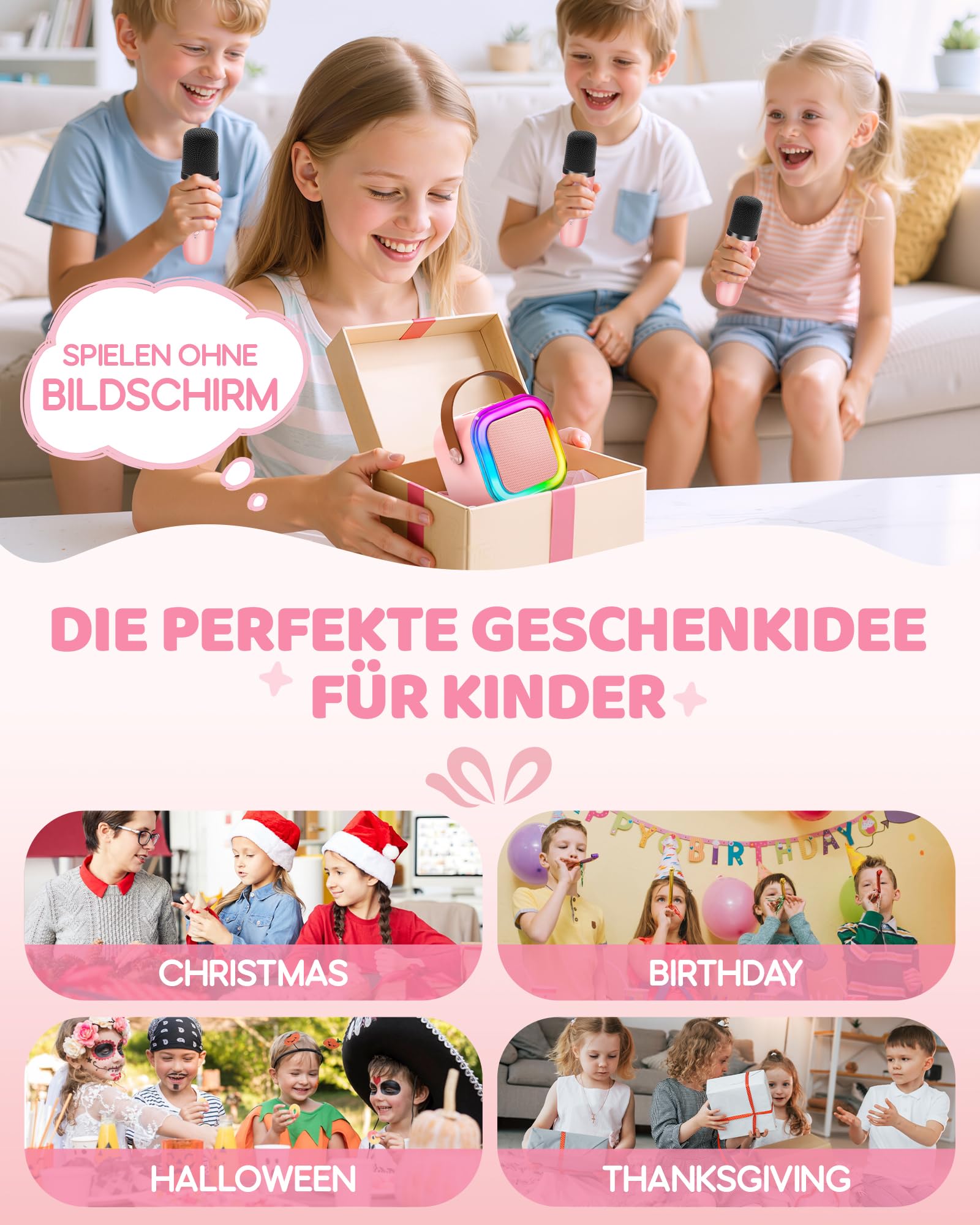 Karaoke Maschine Kinder, Geschenk für Mädchen 3-12 Jahre, Karaoke Kinder Spielzeug ab 3-12 Jahre Mädchen, Karaoke Maschine mit 2 Karaoke Mikrofon Kinder