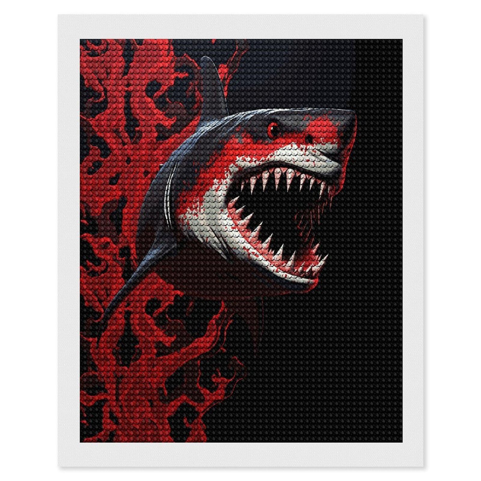 FekiLoot Red-Black Shark Diamond Painting Kits for Beginners DIY Diamond Art Kits for Adults Full Drill Round Diamond Dot Gem Art Painting Fun DIY Crafts for Home Kitchen Wall Decor Gift 16"x20"