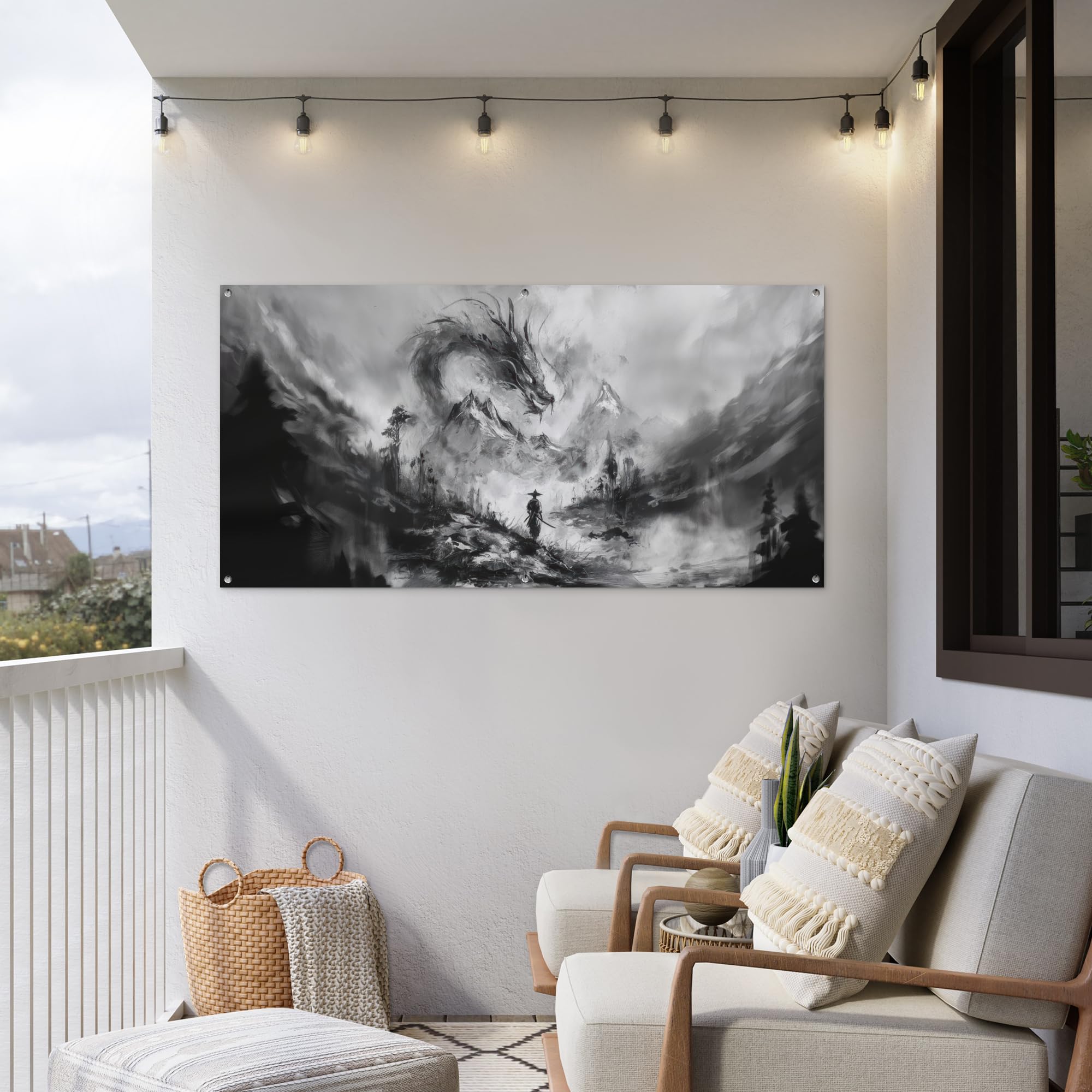 MuchoWow© Decoracion Jardin Exterior Decoración Pared Póster De Jardín | 160x80 cm - Balcón Wall Decoration Patio Posters Decorativos Terraza Guerrero - Dragón - Gris