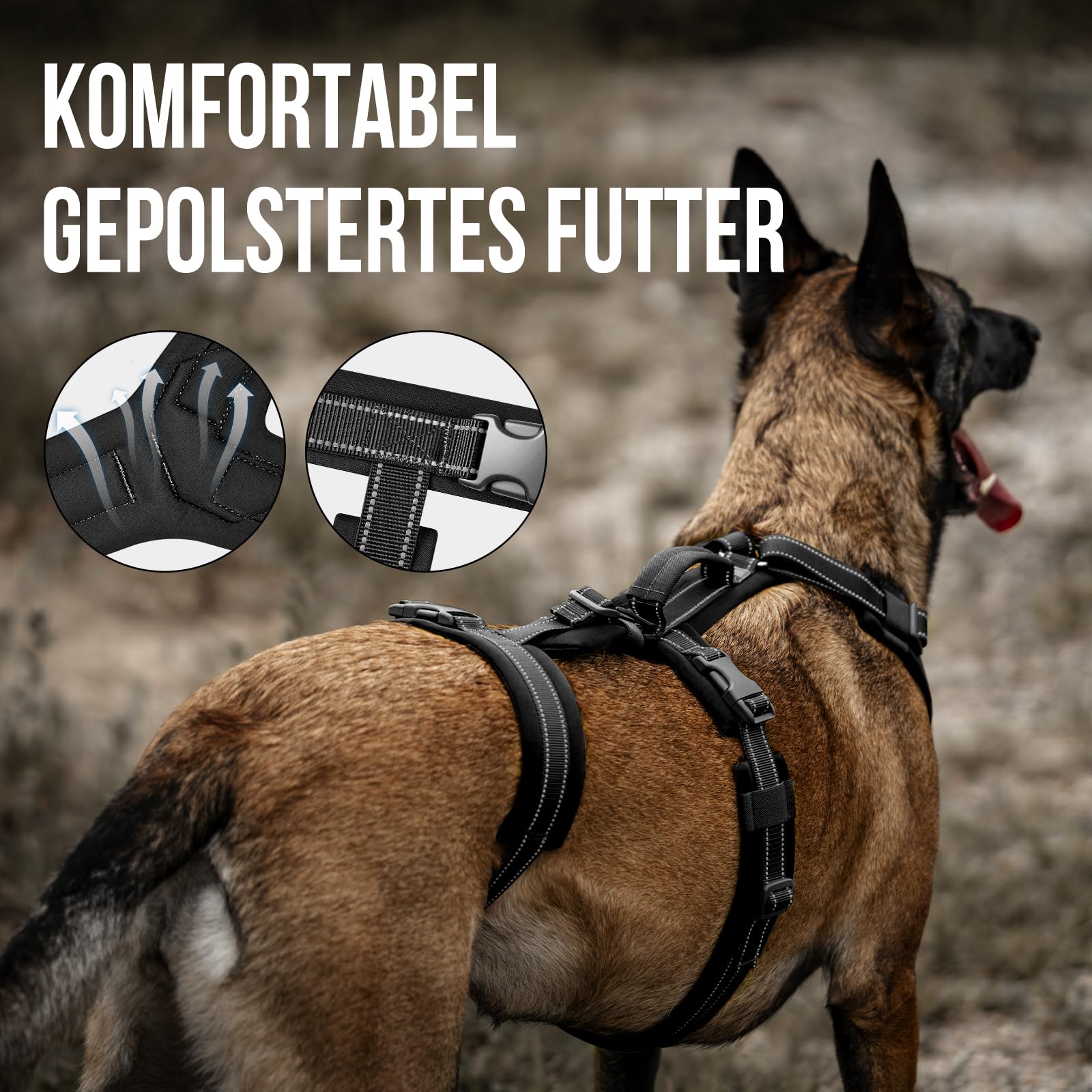 OneTigris Hundegeschirr, HOUNDLOCK Taktisches Geschirr Ausbruchsicher Einstellbar Weich Gepolstert Brustgeschirr mit 1 Griff, 2 D-Ringe und Reflektierend (Schwarz, M)