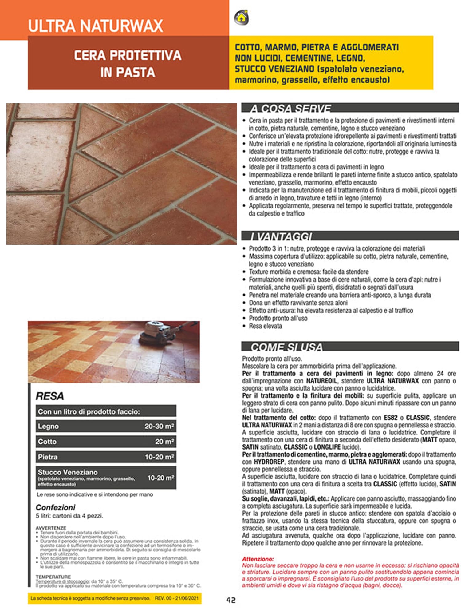 Cera per Cotto Interno Protettiva In Pasta Ultra Naturwax 5 Litri