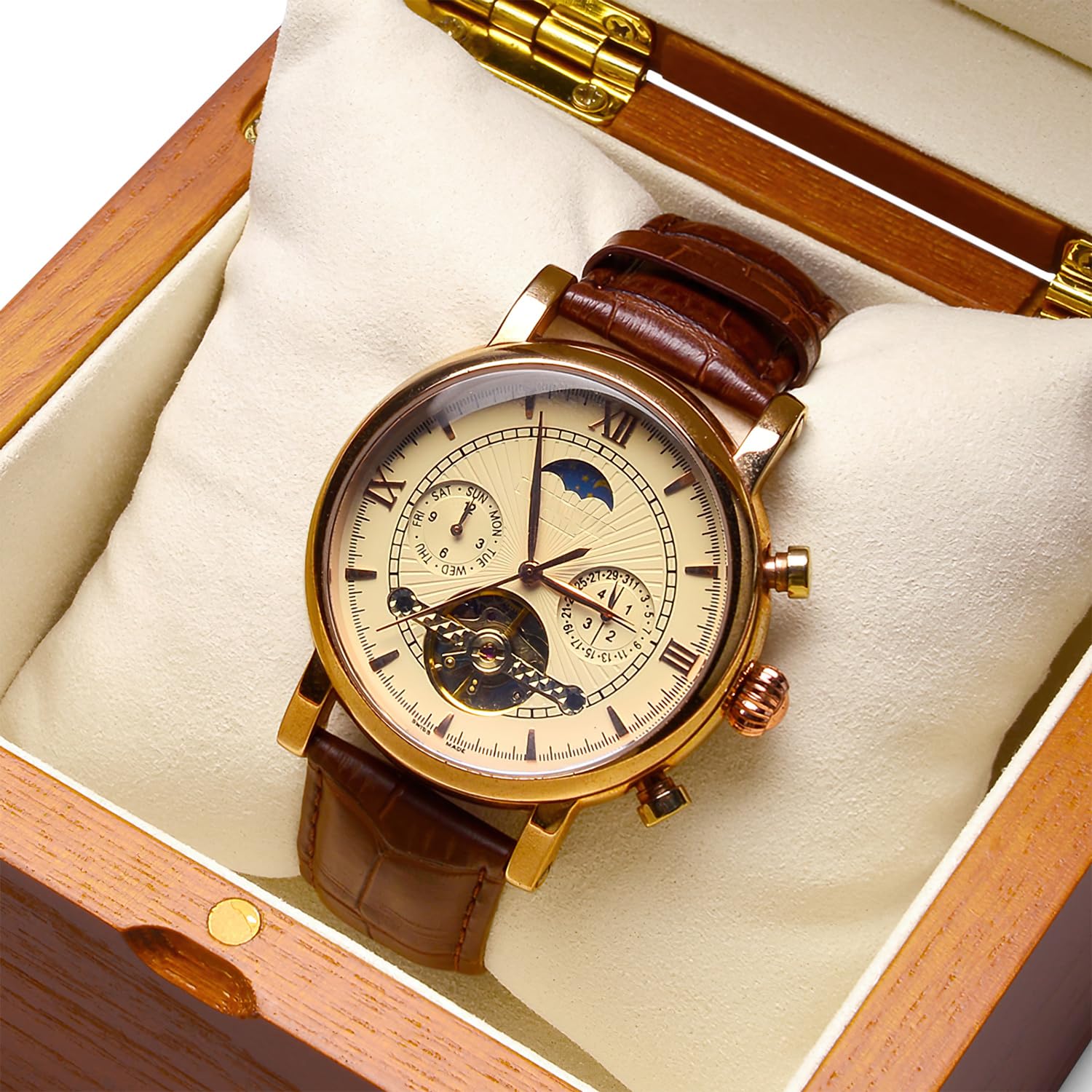 Oirlv Massivholz Uhrenbox für 1 Uhr,Uhrenaufbewahrung Armbandbox Halskettenbox Halskettenaufbewahrung(Creme Weiß/Einzel)