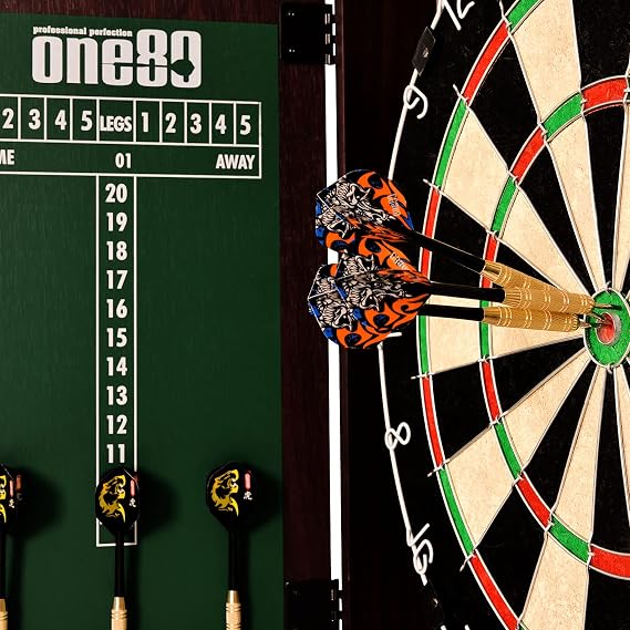 ONE80 All-in-One Dart Game Center Self-Healing Sizer/Double Sided Dartboard & Multifunctional Cabinet with 6 Steel Tip Darts and Installation Kit Bab Pro Bristol Board Cabinet Set, Red