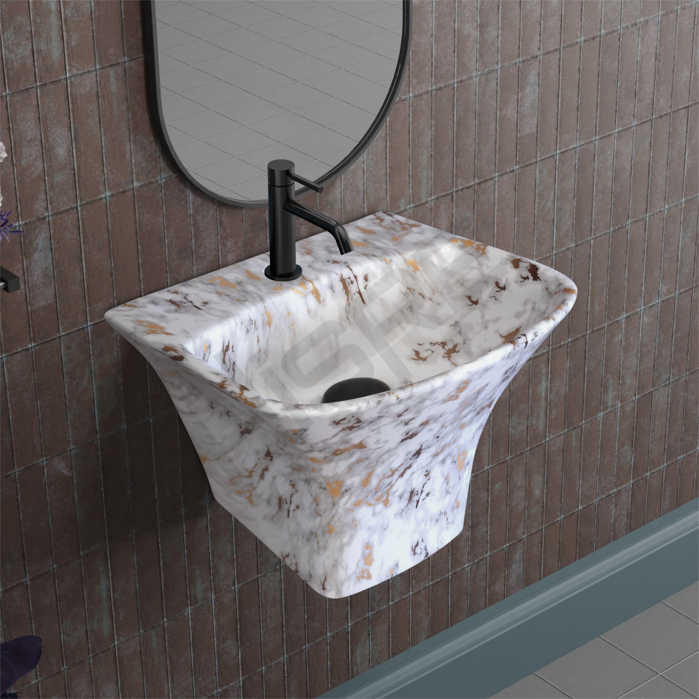 Hisre Modern Wall-Mounted Matte Ceramic Wash Basin with Curved Rectangular Design | Space-Saving Floating Bathroom Sink for Contemporary Interiors (White 1001), photo 1 of 5