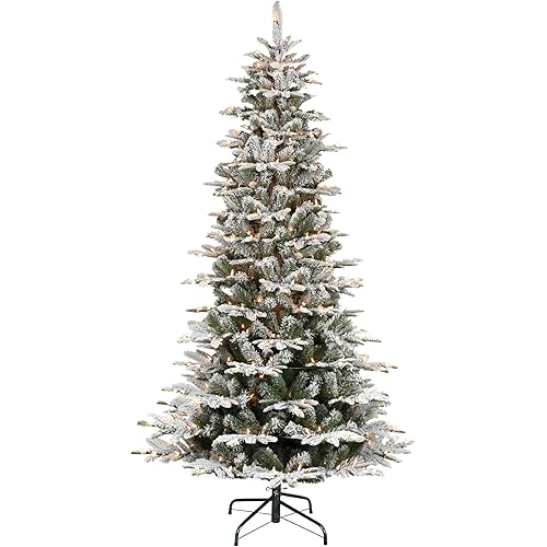 Puleo International 7.5 Foot Pre-Lit Slim Flocked Aspen Fir Artificial Christmas Tree with 450 Clear Lights