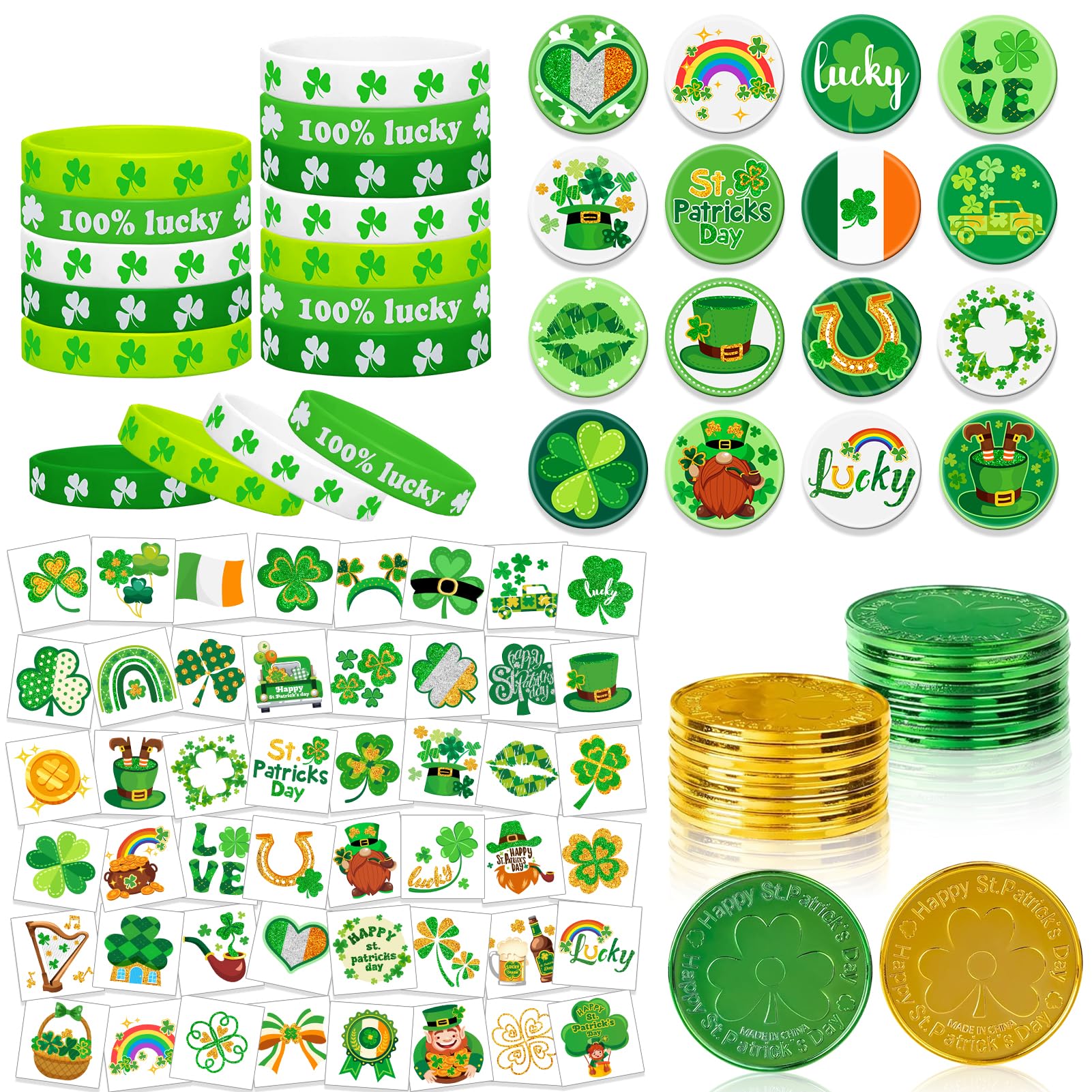 DPKOW 96pcs St Patricks Day Accessories, 16 St.Patrick's Day Badges + 48 St.Patrick's Day Tattoos + 16 St.Patrick's Day Wristbands + 16 Shamrock Coins, St.Patrick's Day Party Favours Irish Gifts